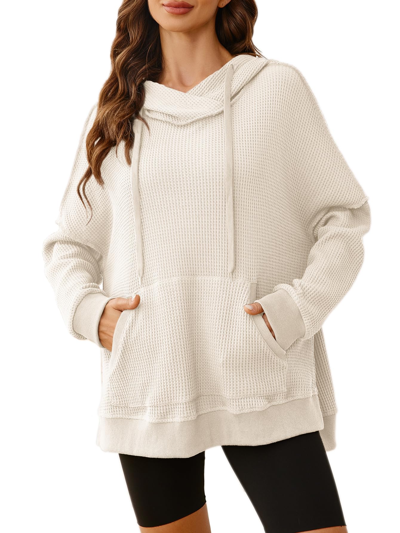 Glamaker Women's Waffle Knit Oversized Hoodies Pullover 2023 Fall Cute Trendy Hooded Sweatshirt Drawstring Casual Outfits