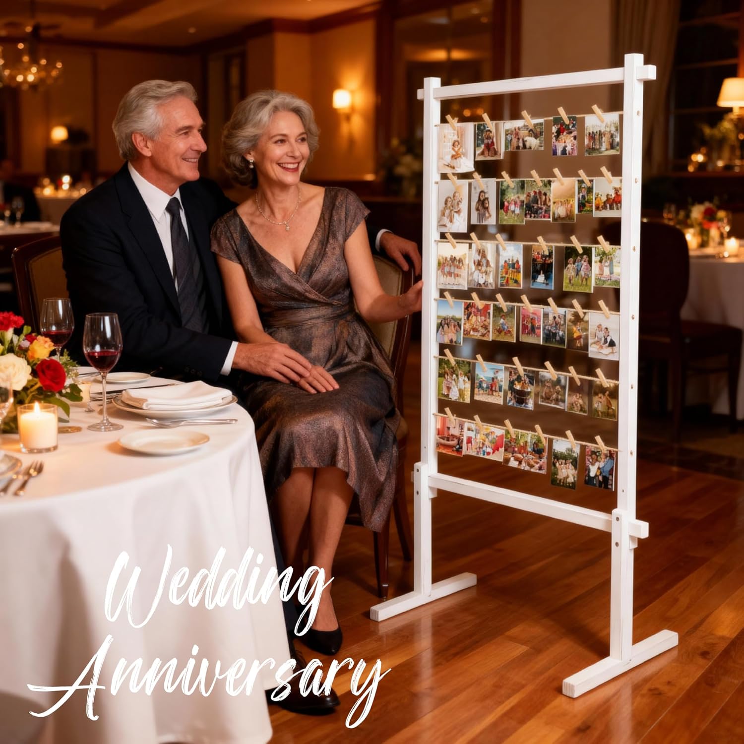 Collage Picture Frame,Photo Display Board with Clips,Wood Pictures Photos Frames With Stand for Wedding Graduation Party Birthday Greeting Letter Christmas Cards Holder Organizer,53 inch(White) Rustic White Standing