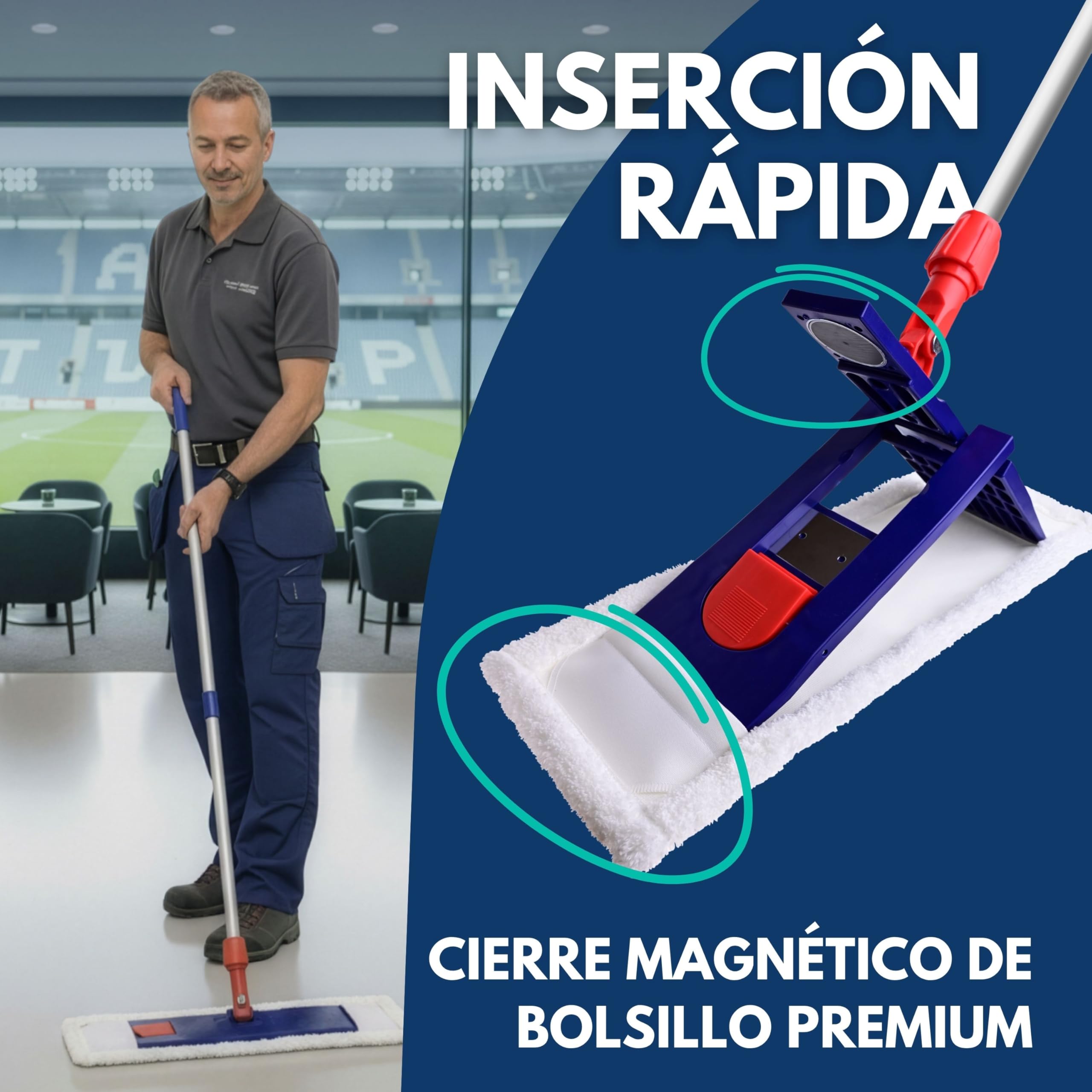 SONTY Mopa Profesional 50 cm – Fregona Plana con Soporte magnético, paño Microfibra 50 cm & Mango telescópico de Aluminio – para Limpieza Profesional, hostelería & Suelos Duros