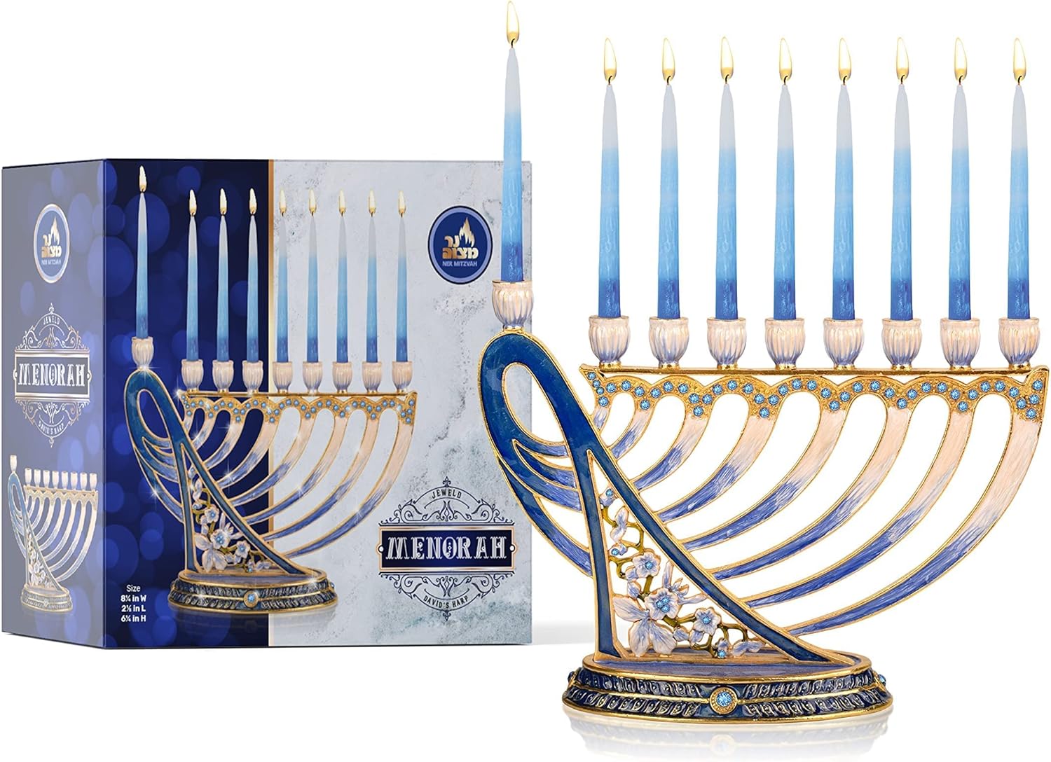 Hanukkah Menorah - Fits All Standard Chanukah Candles - Modern Jeweled Candle Menorahs for Chanukah - David's Harp - Ner Mitzvah : Home & Kitchen