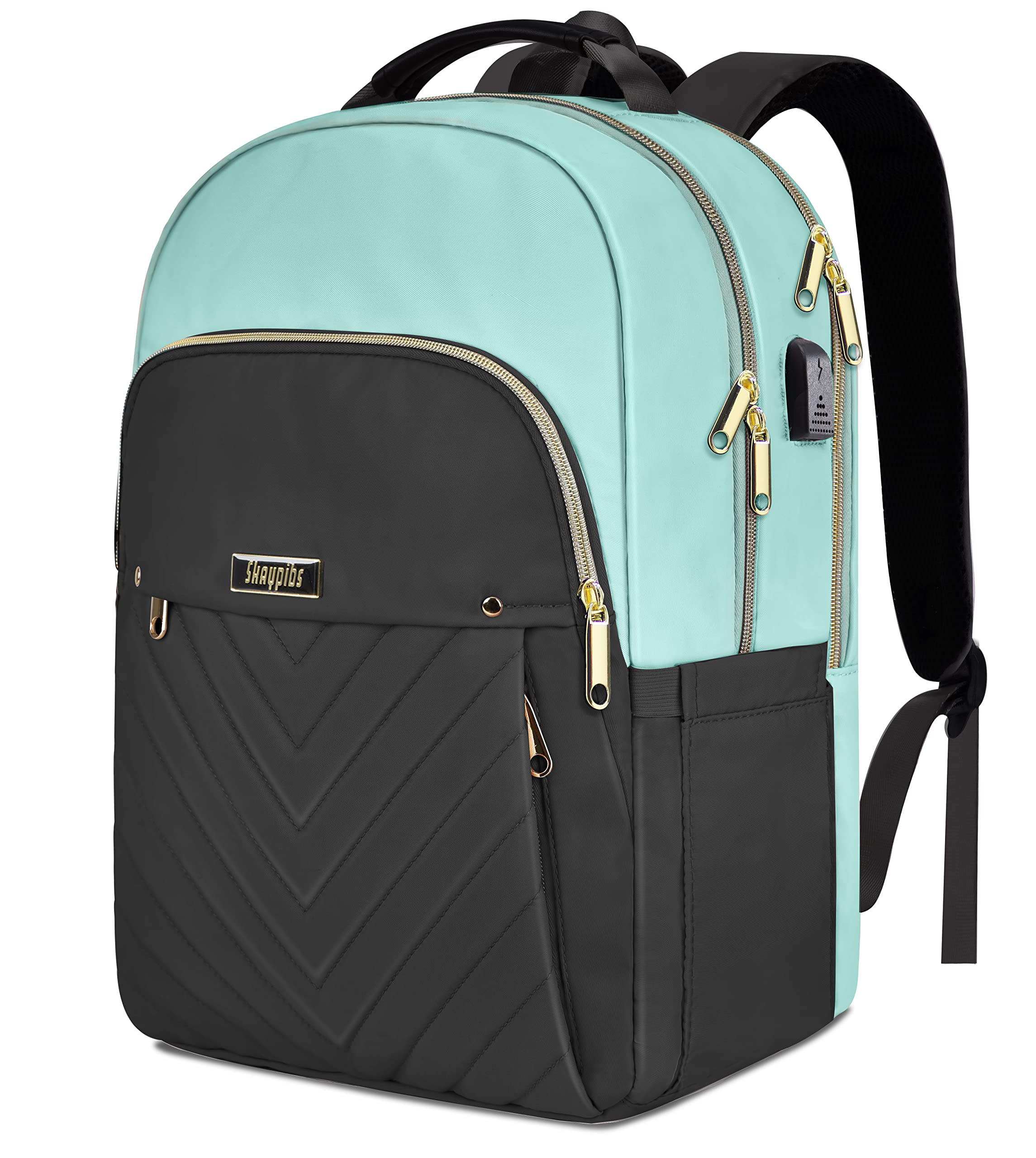 Backpack for Women, School Bookbag, Laptop Backpack with USB Charging Port, College Student Travel Work Large Backpacks, Waterproof Anti Theft Daypack, Gifts for Women, Turquoise Black