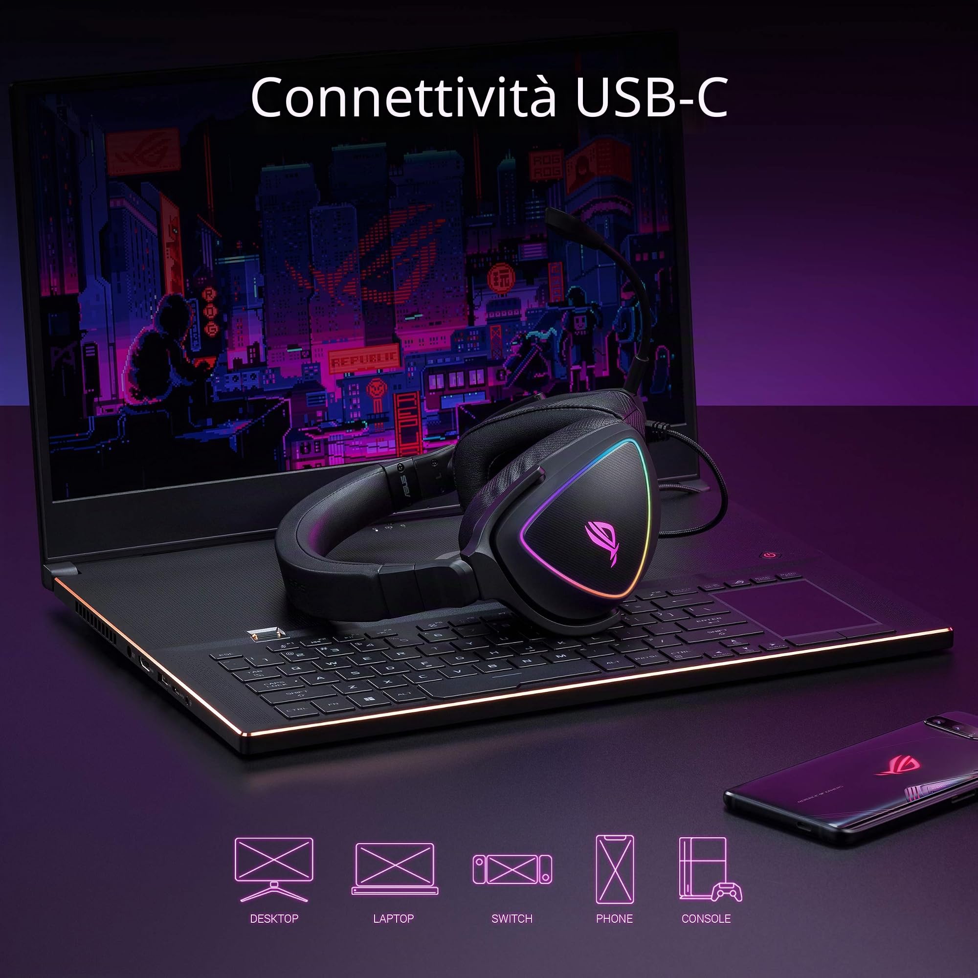 ASUS ROG Delta S Gaming Headset con USB-C | Microfono con cancellazione del rumore alimentato Ai | Cuffie over-ear per PC, Mac, Nintendo Switch e Sony Playstation | Design ergonomico, nero