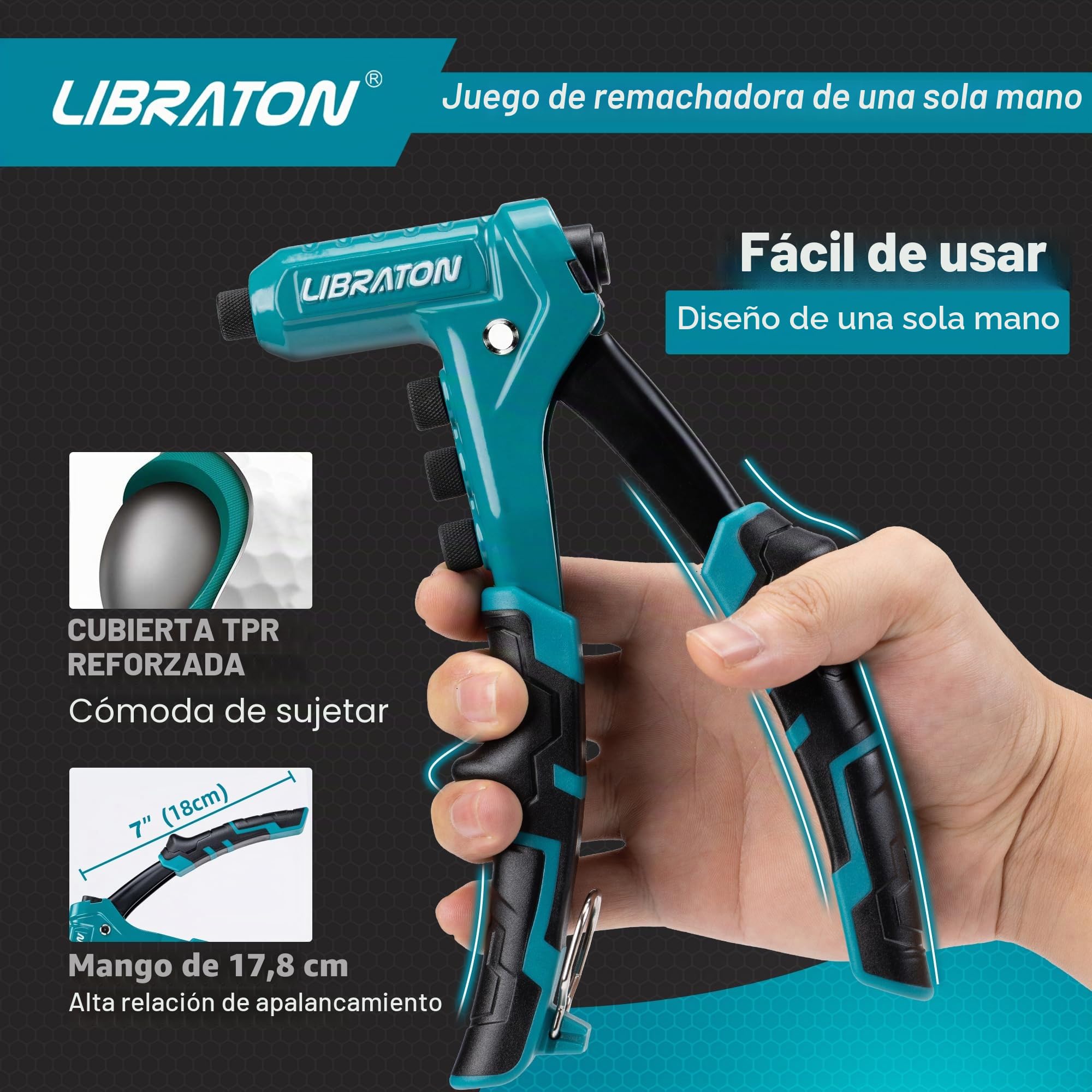 LIBRATON Remachadora Manual, Pistola Remachadora, Remachadora Profesional con 200 Remaches (2,4 mm/3,2 mm/4,0 mm/4,8 mm) y 4 Brocas HSS, para Metal, Madera y Plástico