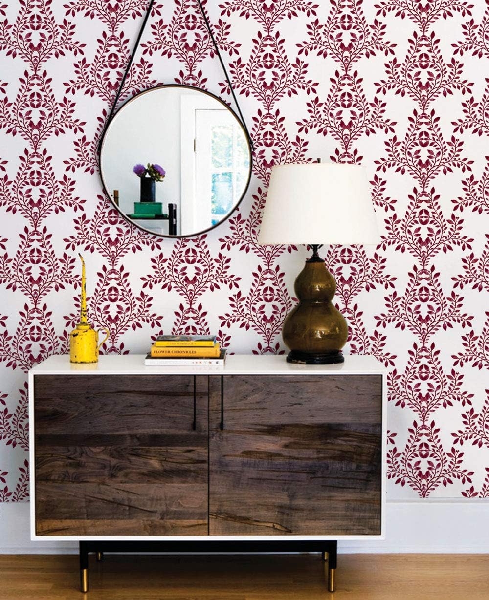 Simple Shapes Damask Leaves Wallpaper - Peel and Stick (6 Pack (2x9 feet), Red)