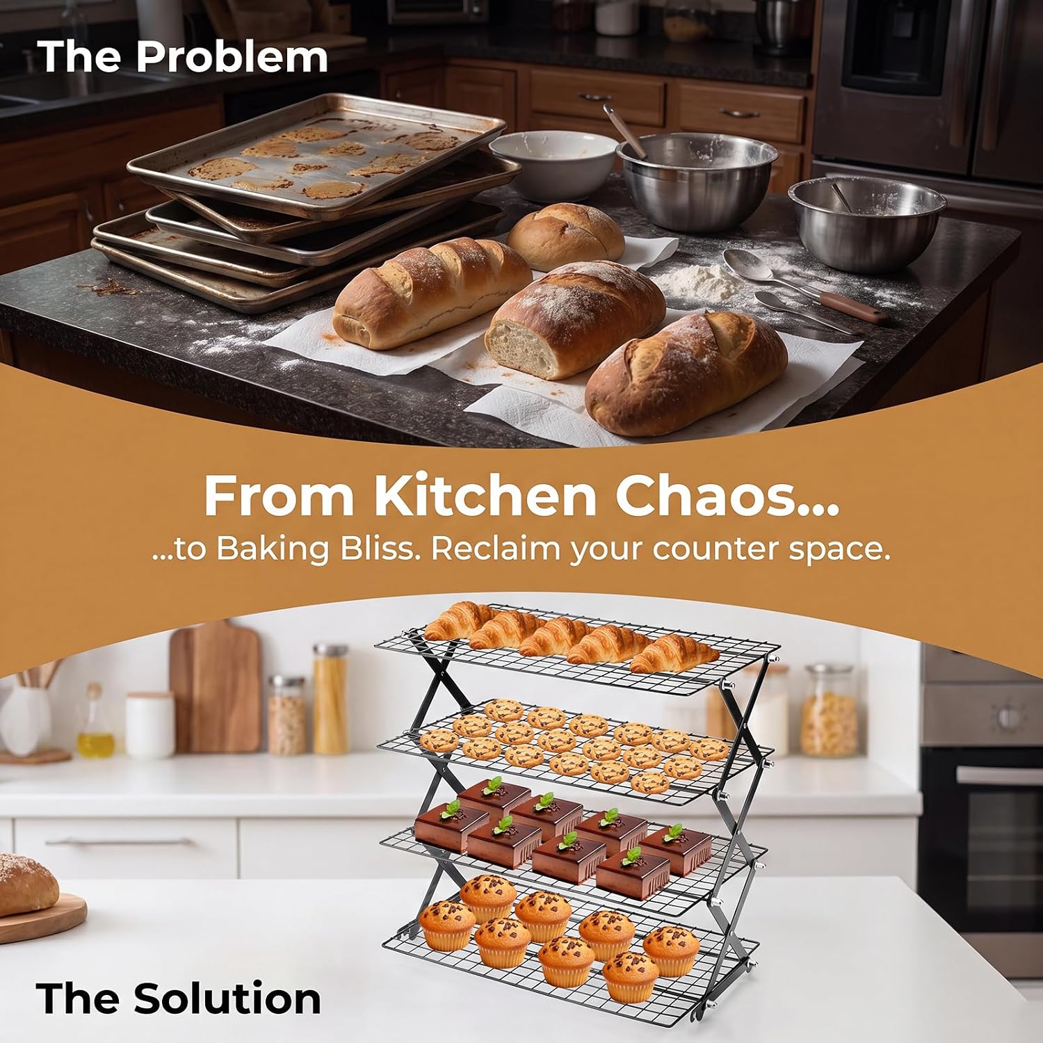 4 Tiered Collapsible Cooling Rack with 3 Setting Design, Stackable Cooling Baking Racks for Roasting ＆ Grilling Gifts for Picnic Party