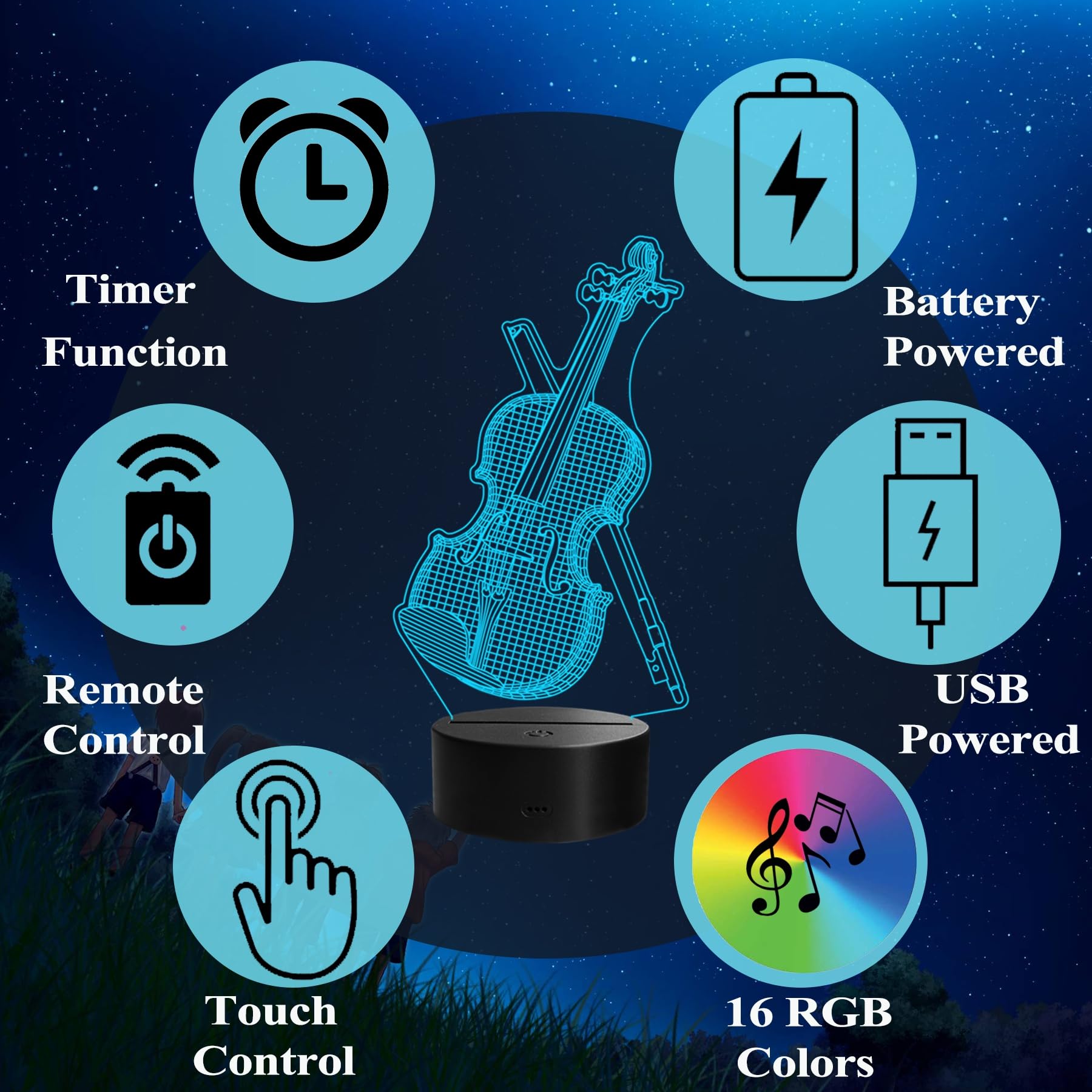 Violin Night Light, Violin Gifts, Cello 3D Illusion Lamp with Remote Control, 16 RGB Colors, 4 Flashing Modes, Timer, Dimmable, Kids Music Room Decor