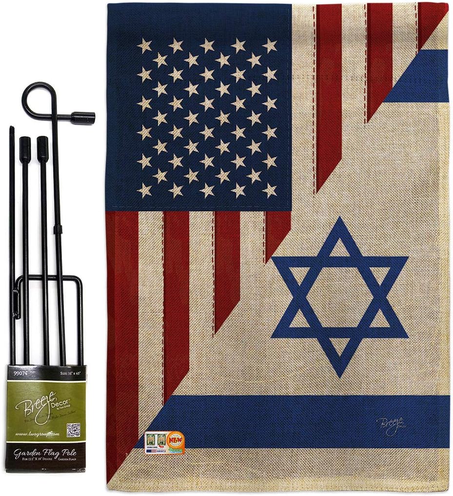 Breeze Decor American Israeli Bandera de Israel Burlap Flag Pole Set Home Banner Lawn Yard Sign Room Post Gravesite Stand Cemetery Outdoor Tapestry Grandma Gifts Grave, Jewish Decorations Made in USA