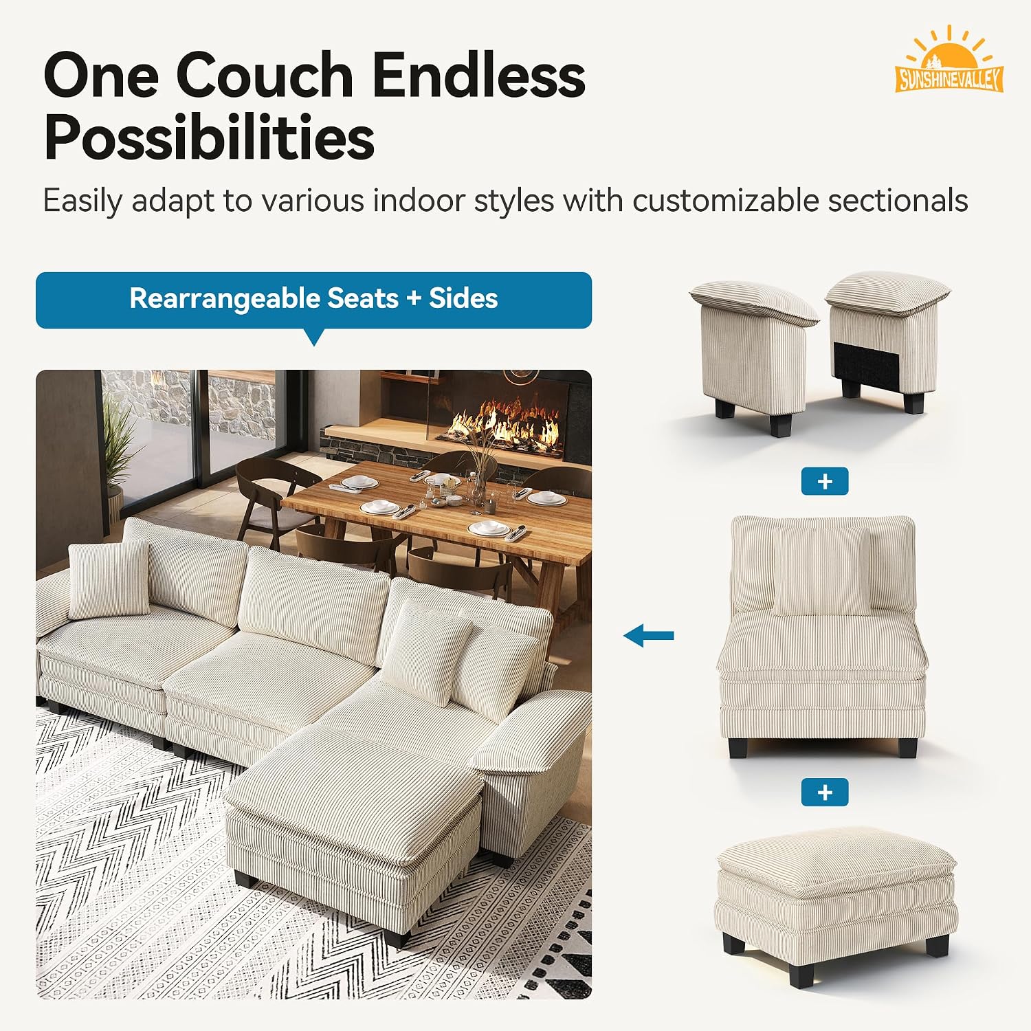 SUNSHINE VALLEY U Shaped Modular Cloud Couch, 157.5'' Oversized Corduroy Sectional Sofa with Wider Armrest and Ottoman, Upholstered 6-Seat Modern Deep Seat for Bedroom Living Room, Beige