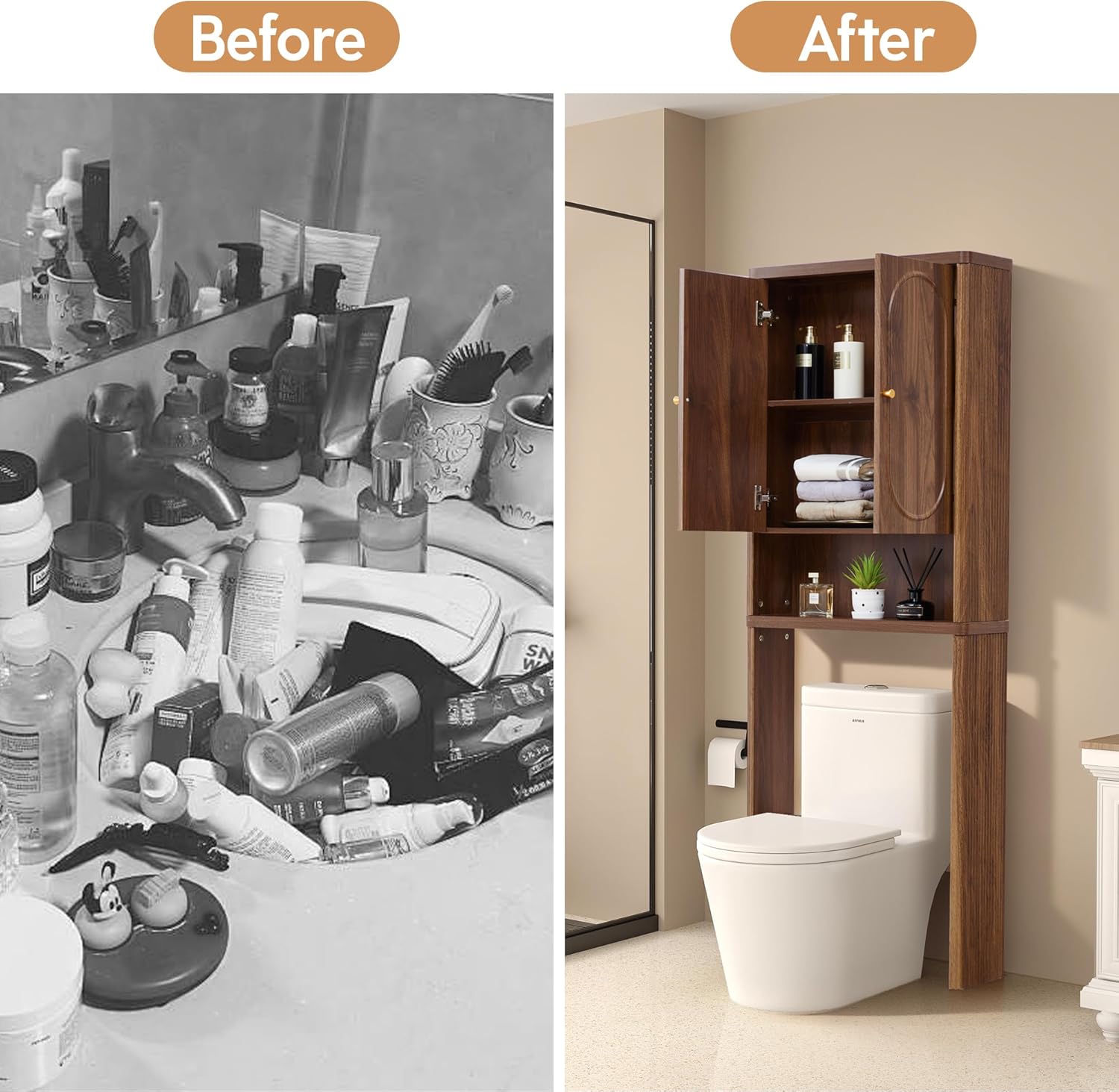 Before and after comparison showing a cluttered sink area transformed into an organized bathroom with the ORRD cabinet installed over the toilet.