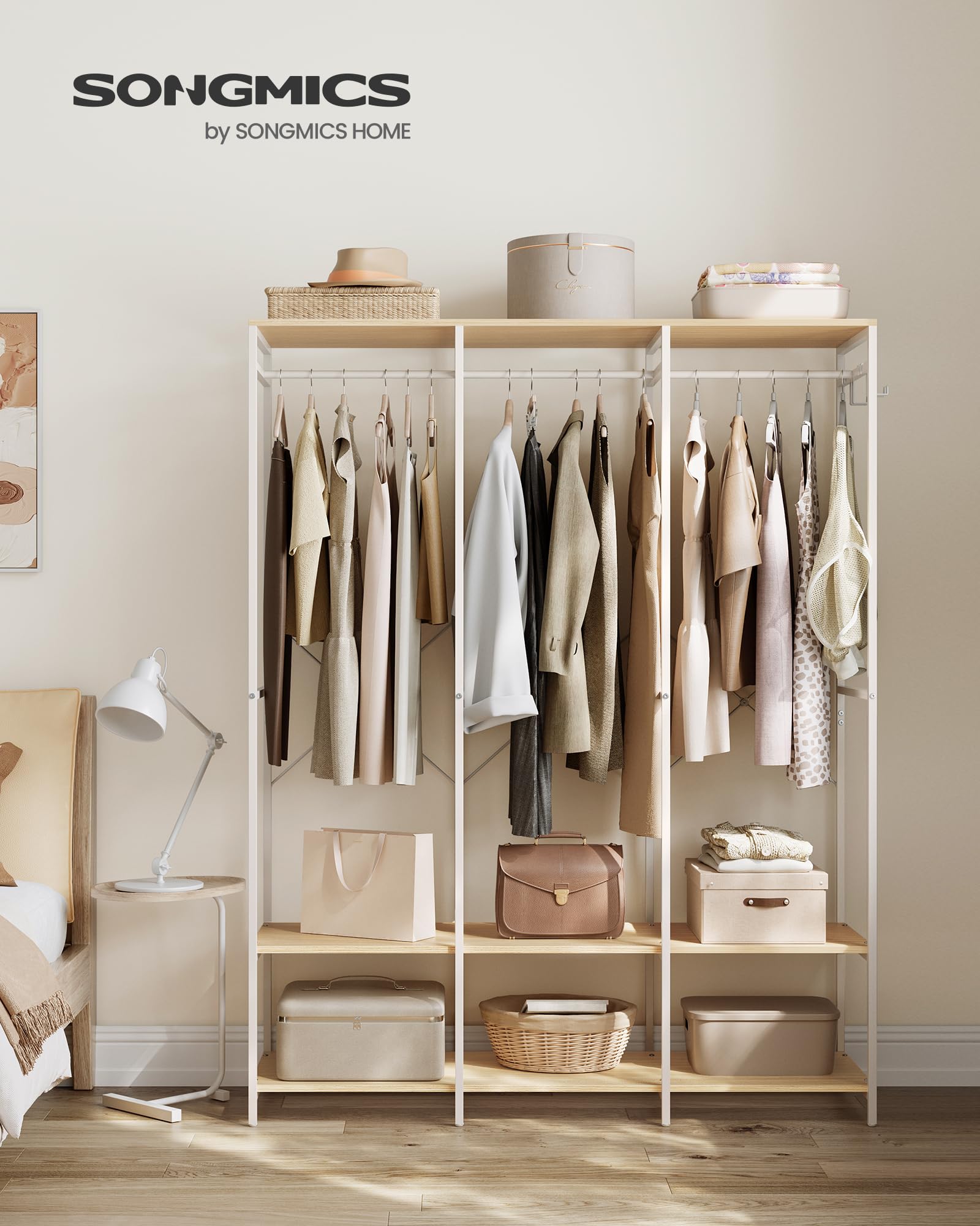 SONGMICS Armario de Ropa Portátil, Armario Plegable, Perchero, Organizador Armario, con Barras de Colgar, Estantes de Almacenamiento, Ganchos Extraíbles, 40 x 141 x 180 cm, Beige Natural RGR005W67