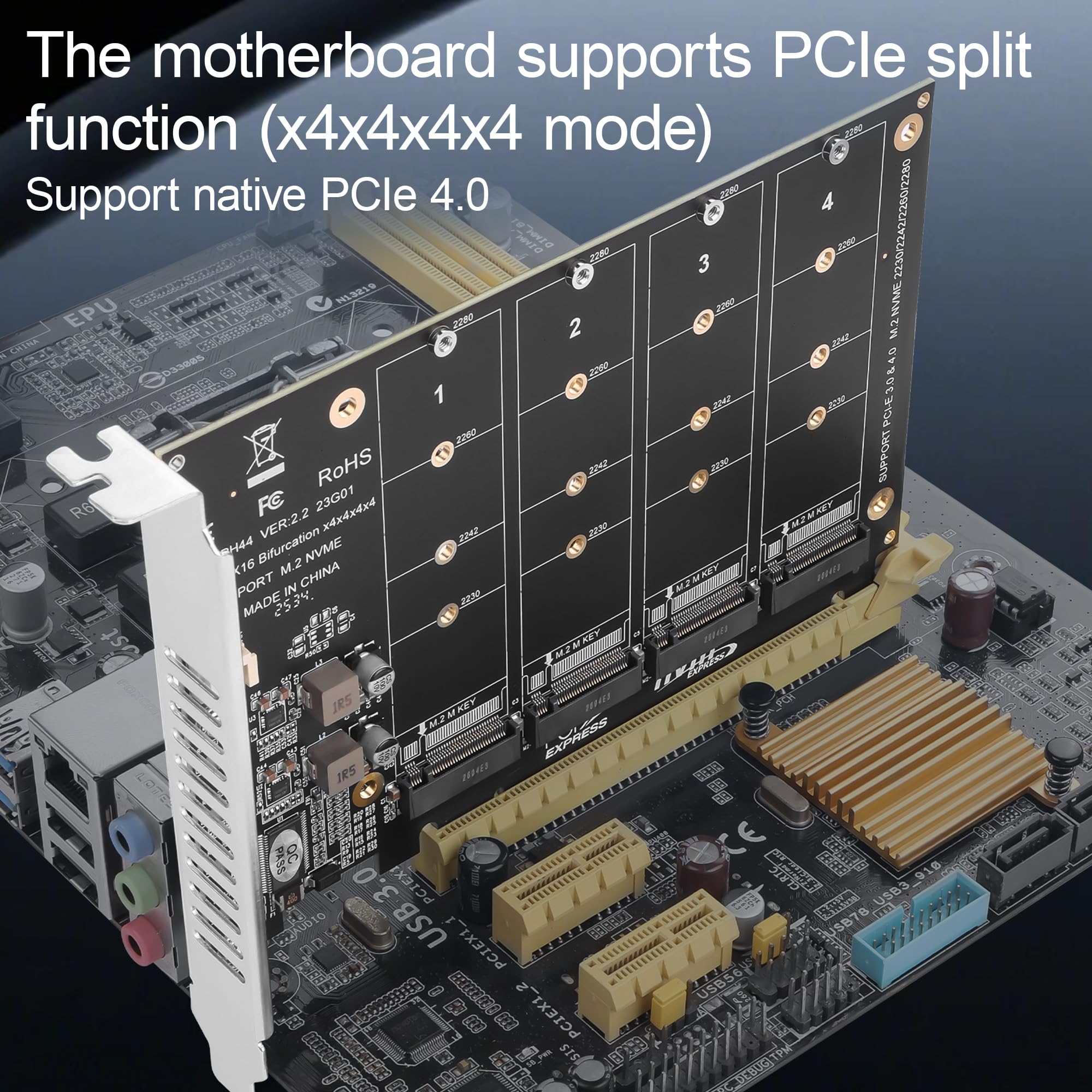 PCIe 4.0 x16 na 4-portowa karta adaptera M.2 NVMe SSD, kontroler PCIe Bifurcation RAID, pełna prędkość 4 x 64 Gb/s, obsługuje 4 x dysk SSD NVMe z indywidualnymi światłami LED
