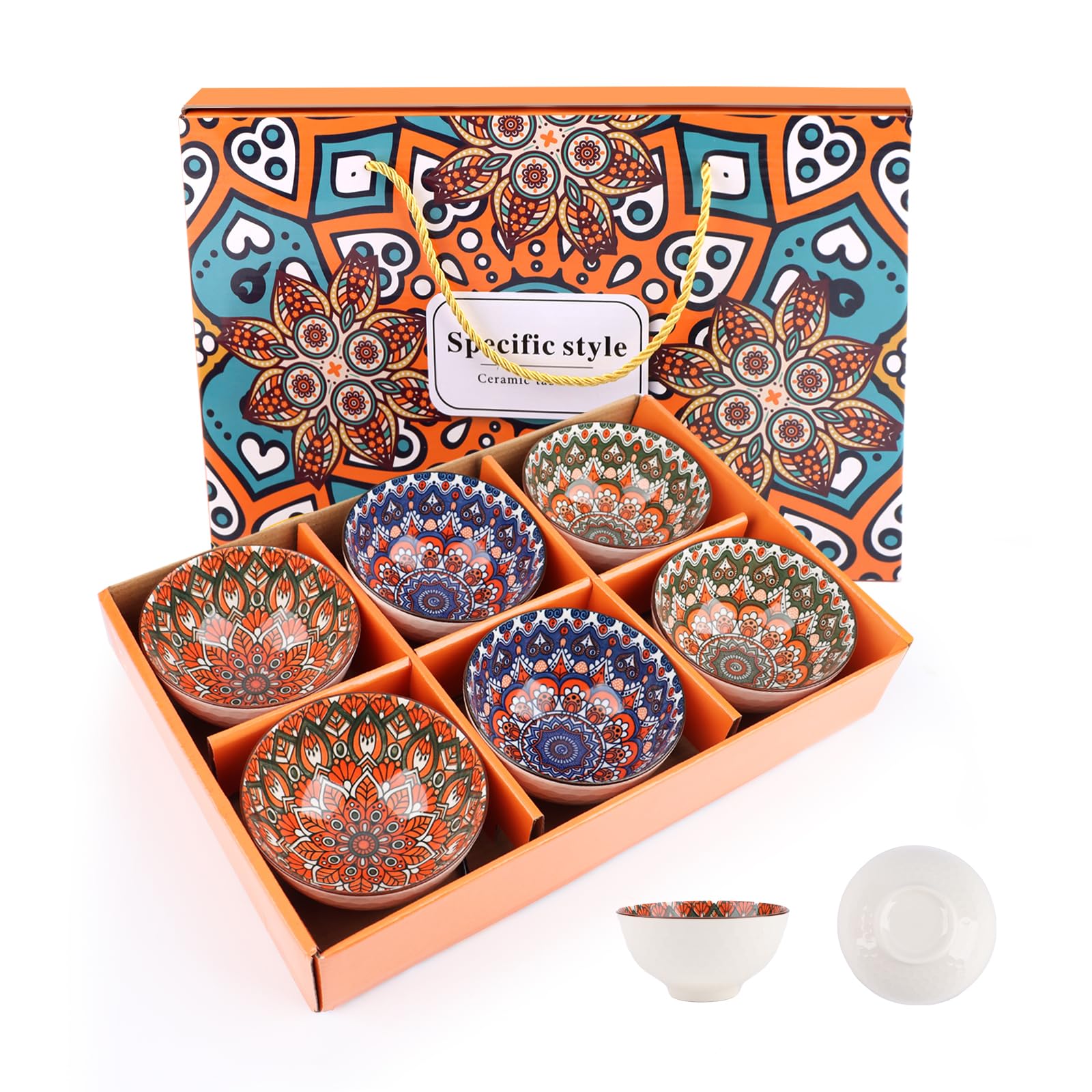 Keramische Servierschalen 6er Set,Kleine Bunt Dipschalen - 300 ml,Ø 12cm,Keramik Dip Schälchen,Bohème-Stil Tapas Schalen Set,Handgefertigte Snackschalen zum Dippen,Suppe,Desserts,Snacks,Früchte,Salate