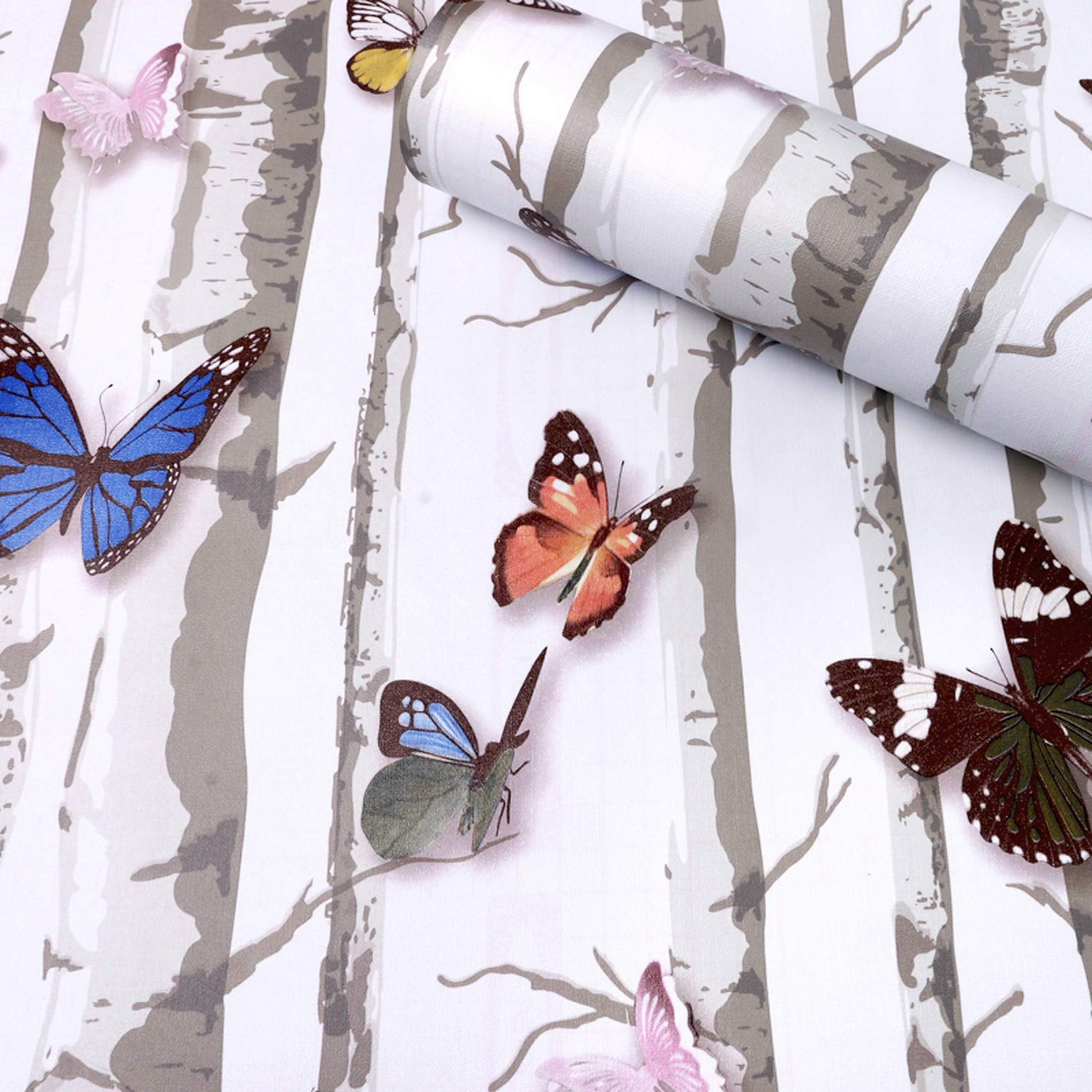 Wall Stickers DIY Wallpaper (45 x 500 cm) 3D Stark Trees and Butterflies Decals Self Adhesive Waterproof Kids Room Wardrobe, Wall Decor Nature, White
