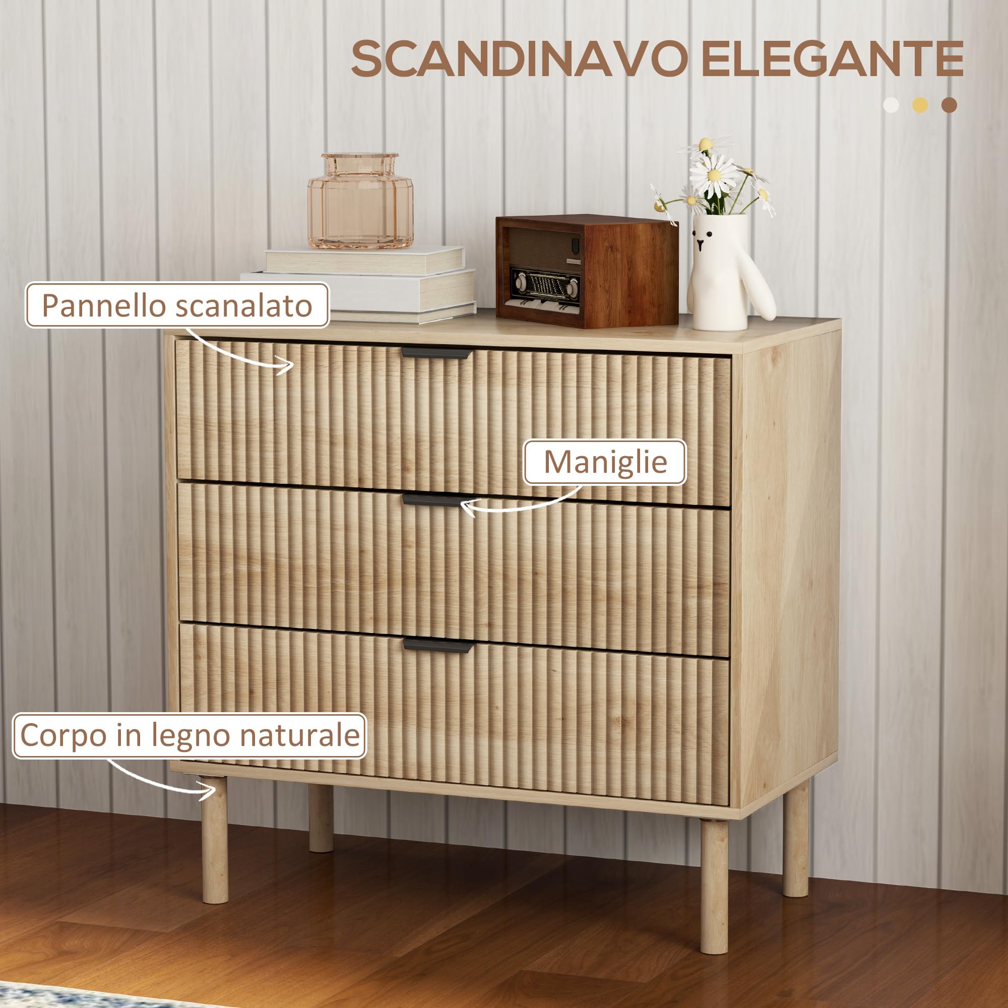 HOMCOM Cassettiera Camera da Letto 3 Cassetti, 80x40x77.5 cm, Rovere | Comò Camera da Letto Moderno con Gambe, Cassettiera Salvaspazio, per Soggiorno