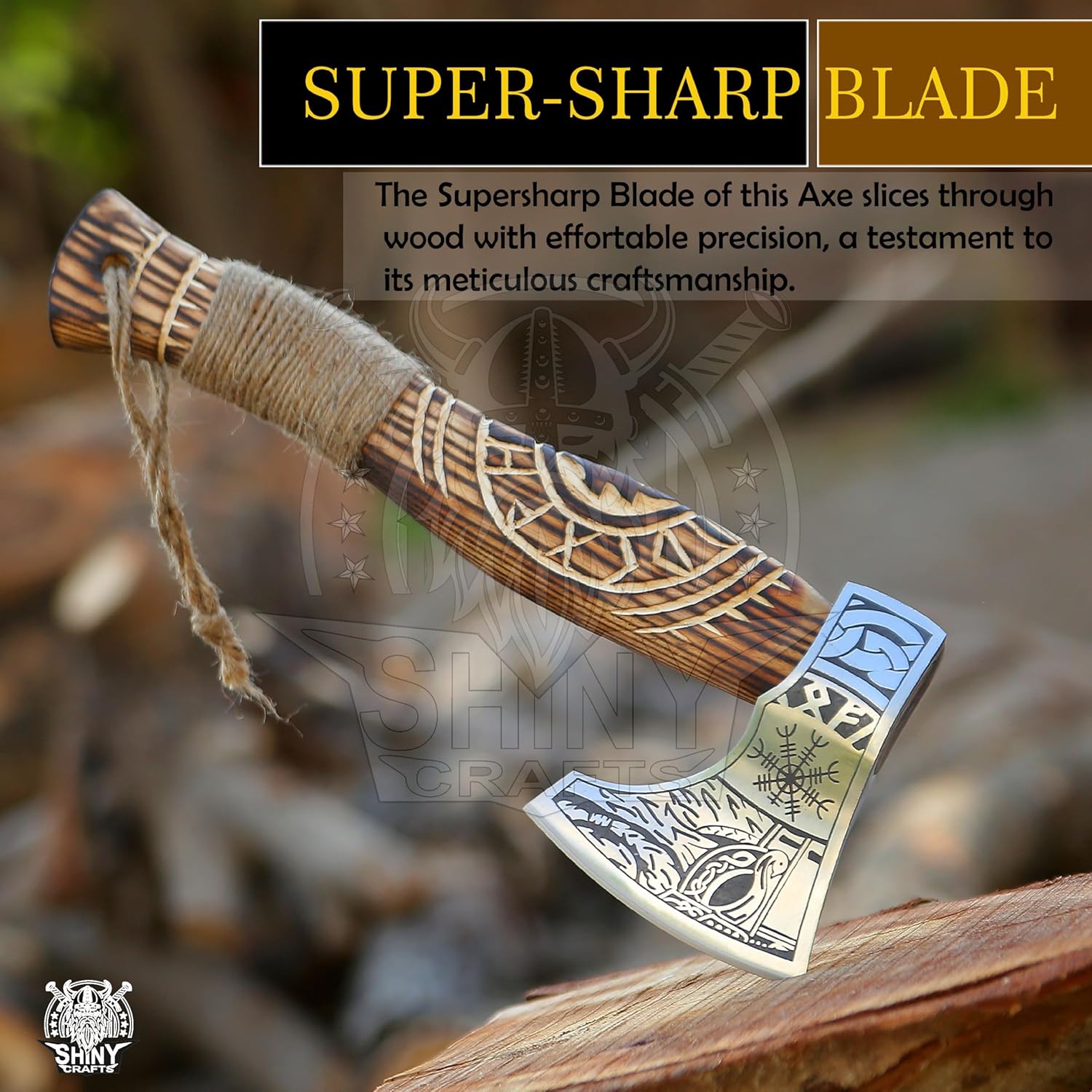 SHINY CRAFTS® Handcrafted Viking Axe – Engraved Nordic Blade with Wooden Handle Norse Bearded Hatchet for Men Unique Gift for Him, Collectors, Cosplay, Camping, Medieval Wall Decor (VBA-14)