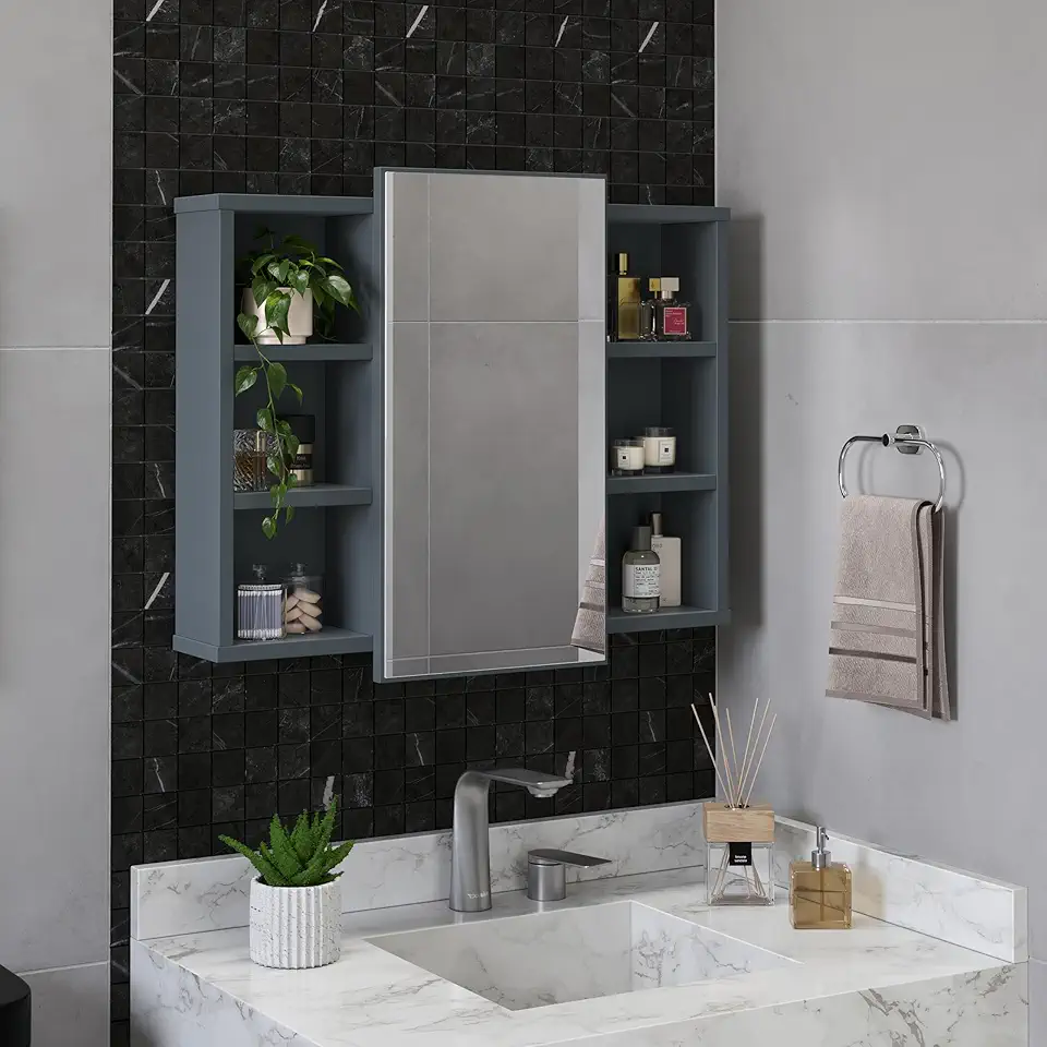 Espelheira Para Banheiro Com Nichos Armário Aéreo Com Espelho Organizador (Cinza)