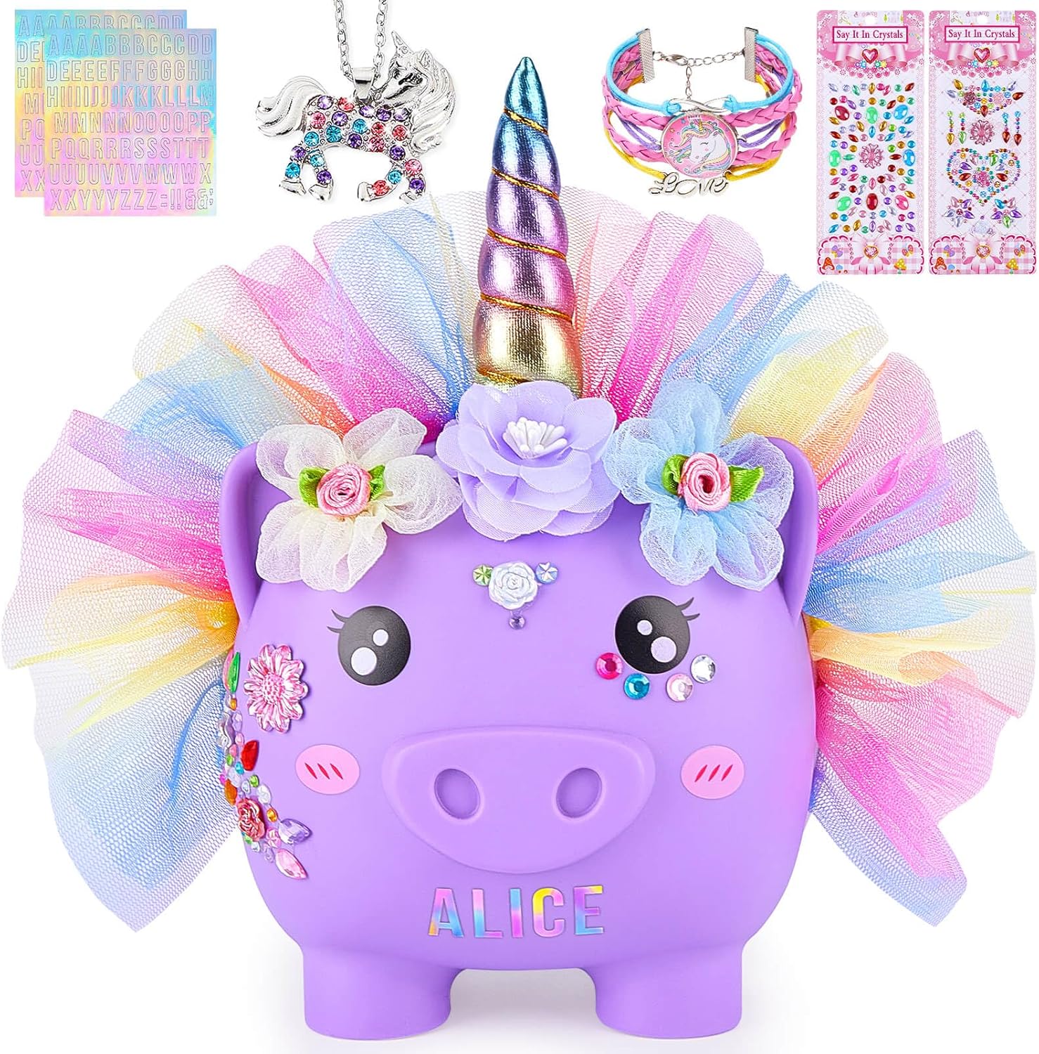 Piggy Bank for Girls Large Unicorn Piggy Banks with Necklace Bracelet DIY Stickers Cute Coin Piggybank Unbreakable for Toddler Kids Christmas Birthday Gifts, Rainbow with Rainbow Dress, M