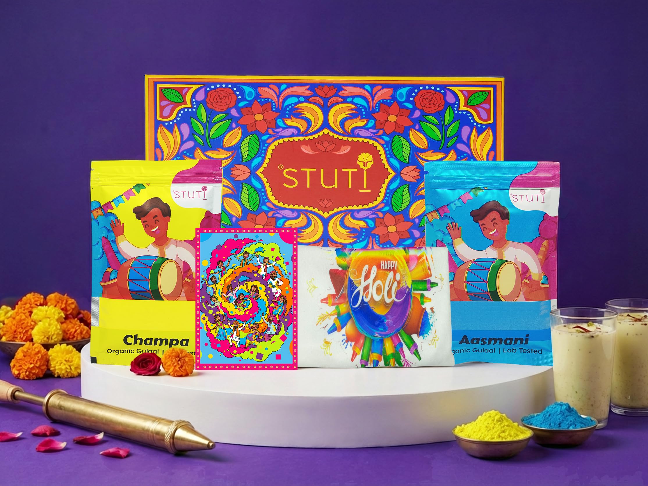 STUTI Rang Panchami Holi Gift Set, Organic Gulaal Aasmani Blue and Champa Yellow 80g Each, Holi T-Shirt, Riddle Card, 4 Items-image-38