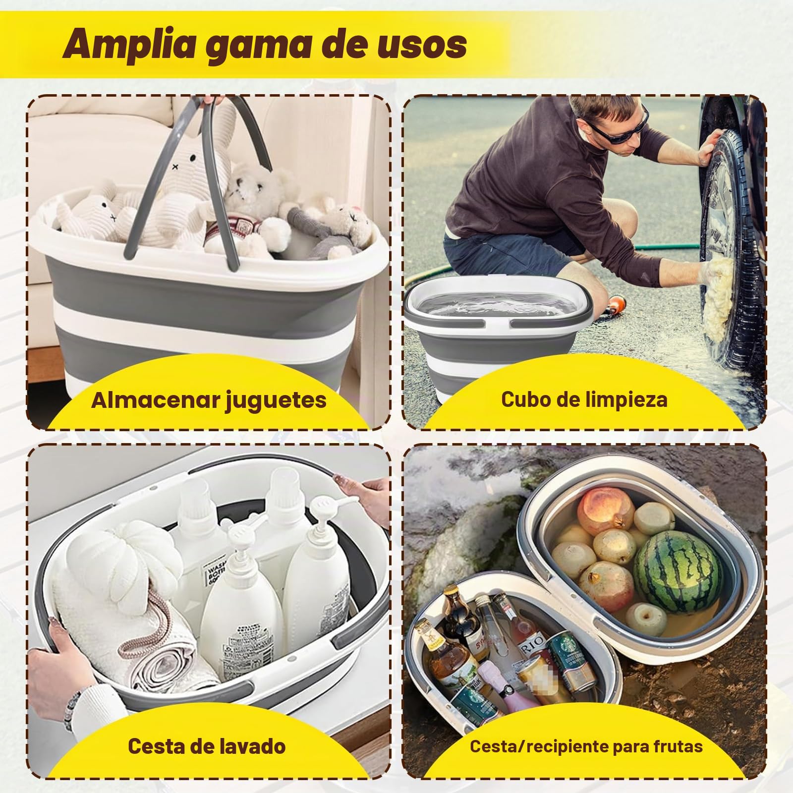 Cubo Plegable de Silicona y Plástico 16L con Asas, Barreño Limpieza Portátil, Palangana Ahorra Espacio, Balde de Agua Multiusos, Cesta Colada Casa para Camping, Excursiones, Cocina, Aire Libre y Coche