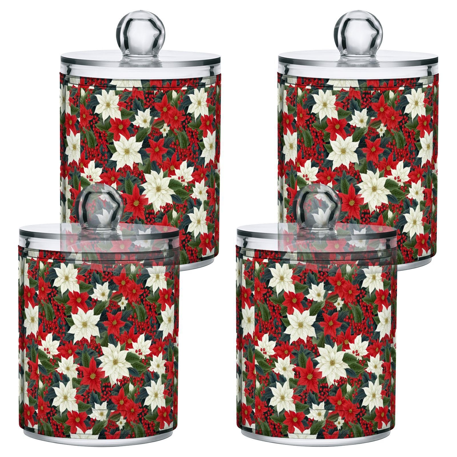 4 Pcs Christmas Xmas Poinsettia Flower 10 OZ Qtip Holder Dispenser for Cotton Ball Cotton Swab Cotton Round