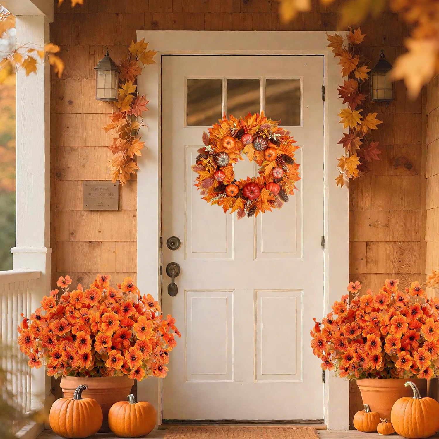 Fall Artificial Flowers for Outdoors Fake Mums for Outside 12 Bundles Faux Silk Orange Dasiy Flower Look Real UV Resistant No Fade Faux Fall Flowers for Front Door Porch Autumn Decoration - Image 3