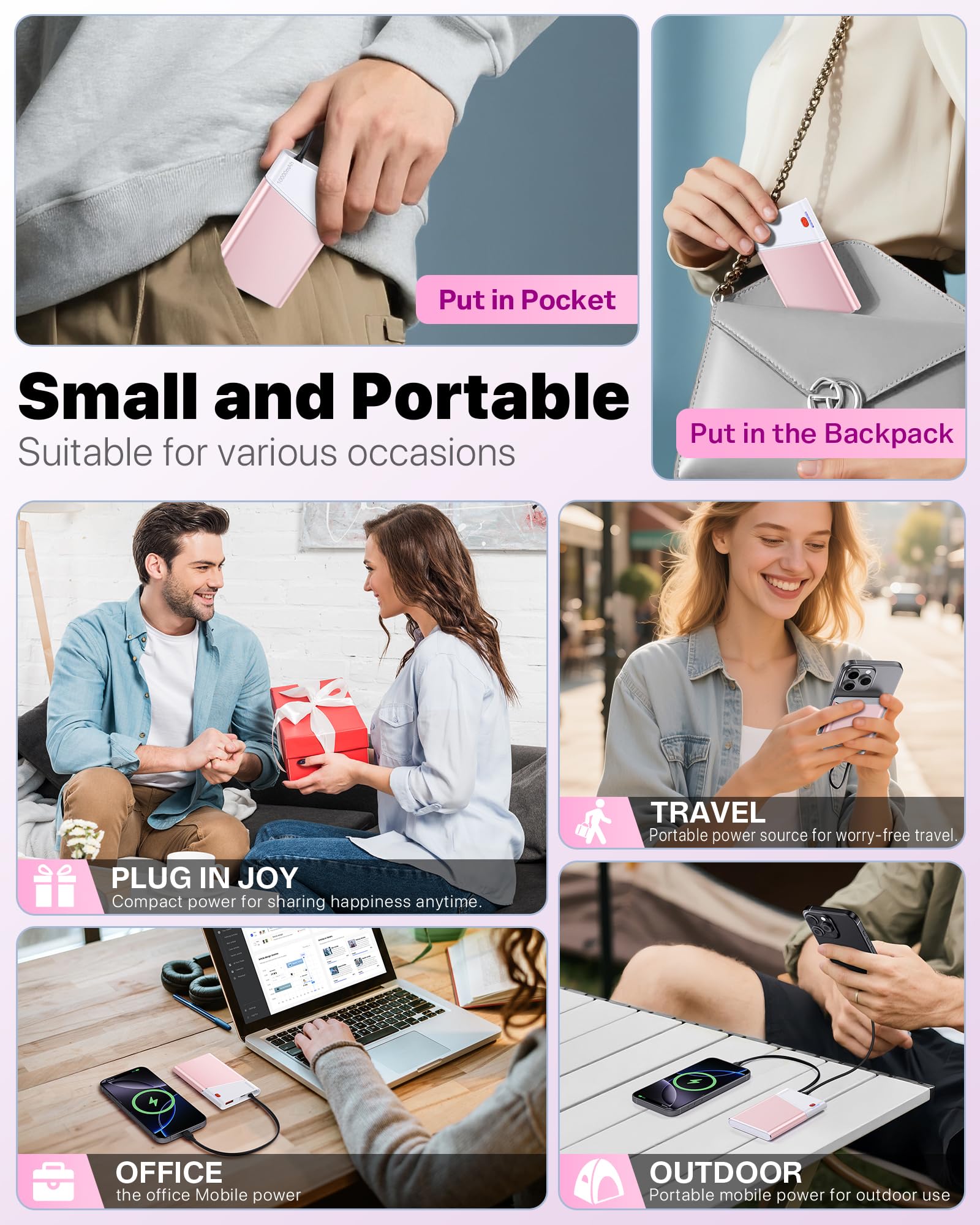 Aaoyun Portable Charger Power Bank, 10000mAh 22.5W PD Fast Charging Powerbank with Built-in USB C Cable, Slim External Phone Battery Pack for iPhone 17/16/15 Samsung S24 Android etc (Pink) view 6