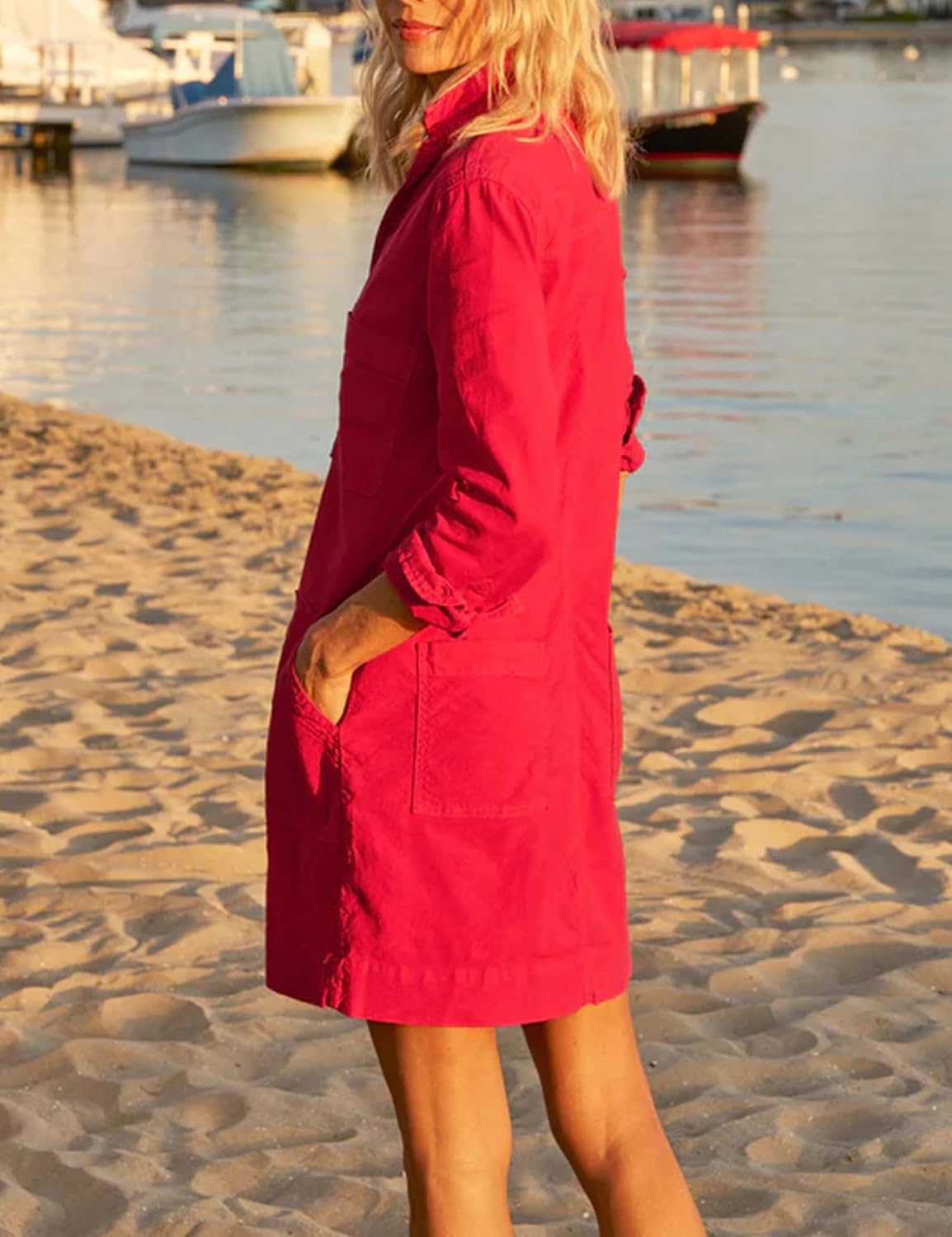 Zontroldy Women's Summer Collared Long Rolled Up Sleeve Button Down Cotton Shirt Dress Safari Dresses with Pockets(1538-Red-S) - Image 3