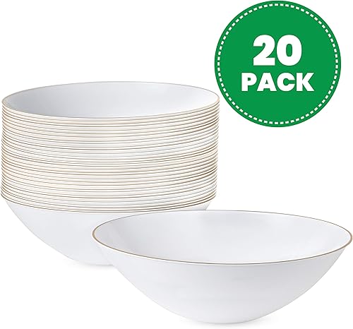 Miniatura 7 de PLASTICPRO 16 onzas, 20 unidades Tazones de sopa de fiesta de plástico blanco orgánico con borde dorado Premium pesado elegante vajilla desechable