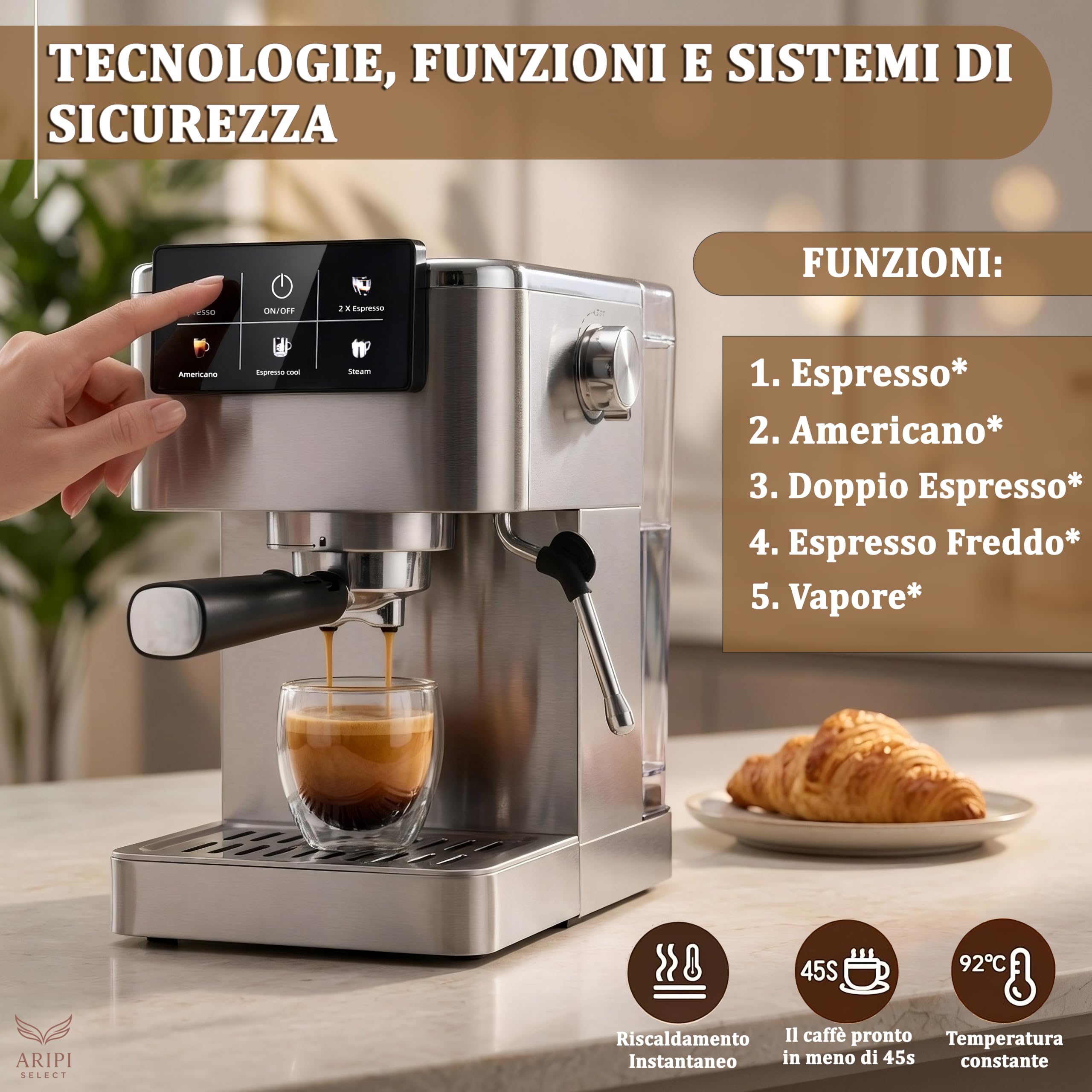 Macchina Caffè Polvere e Cialde AD 4390, Macchina Caffè Macinato da 20 Bar, Sistema Riscaldamento Rapido 20s e Controllo PID, Funzione Espresso Cool, Acciaio Inossidabile, Montalatte Integrato