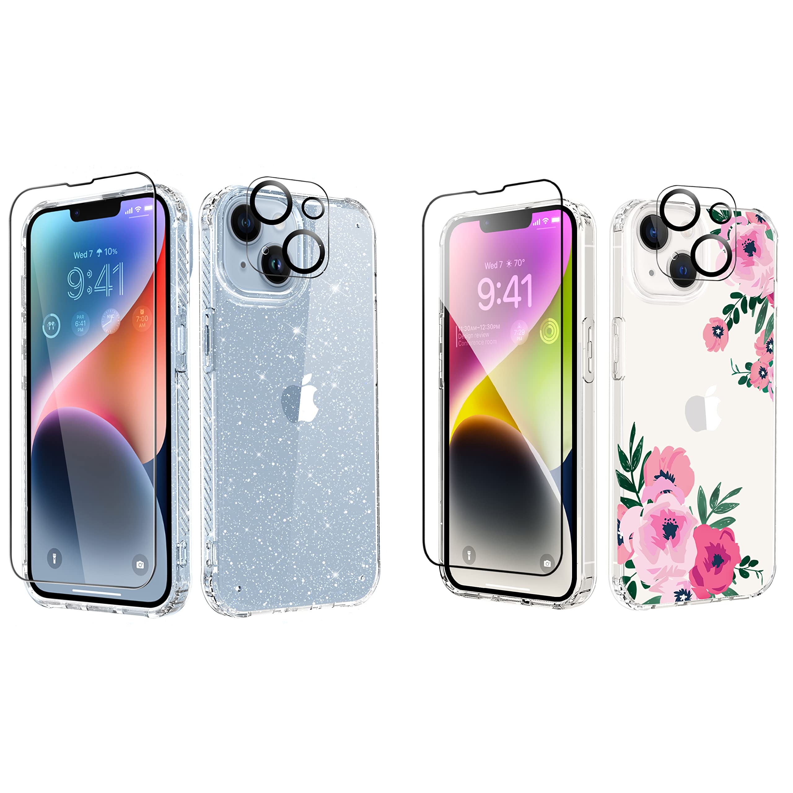MIODIK Bundle - Compatible with iPhone 14 Clear Glitter Case (Twinkle Clear) + iPhone 14 Clear Floral Case (Begonia/Pink) (2 Items Bundle)