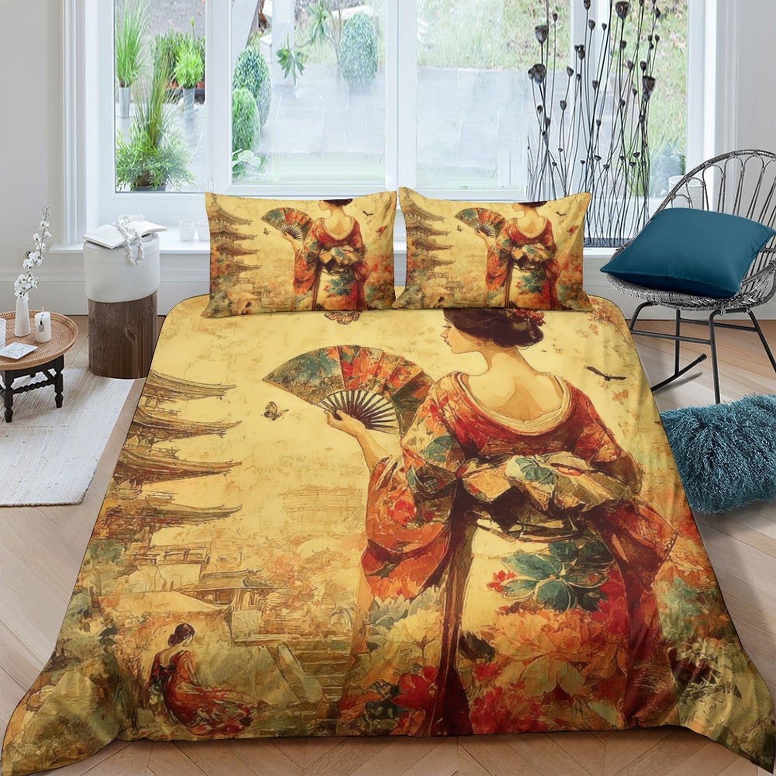 Ctjqhvkz Style-8 3D Printed Japanese Kimono Fitted Sheet Microfiber Soft Breathable Geisha Art Bed Cover For Bedroom Guest Room Decor Single（135X200cm）