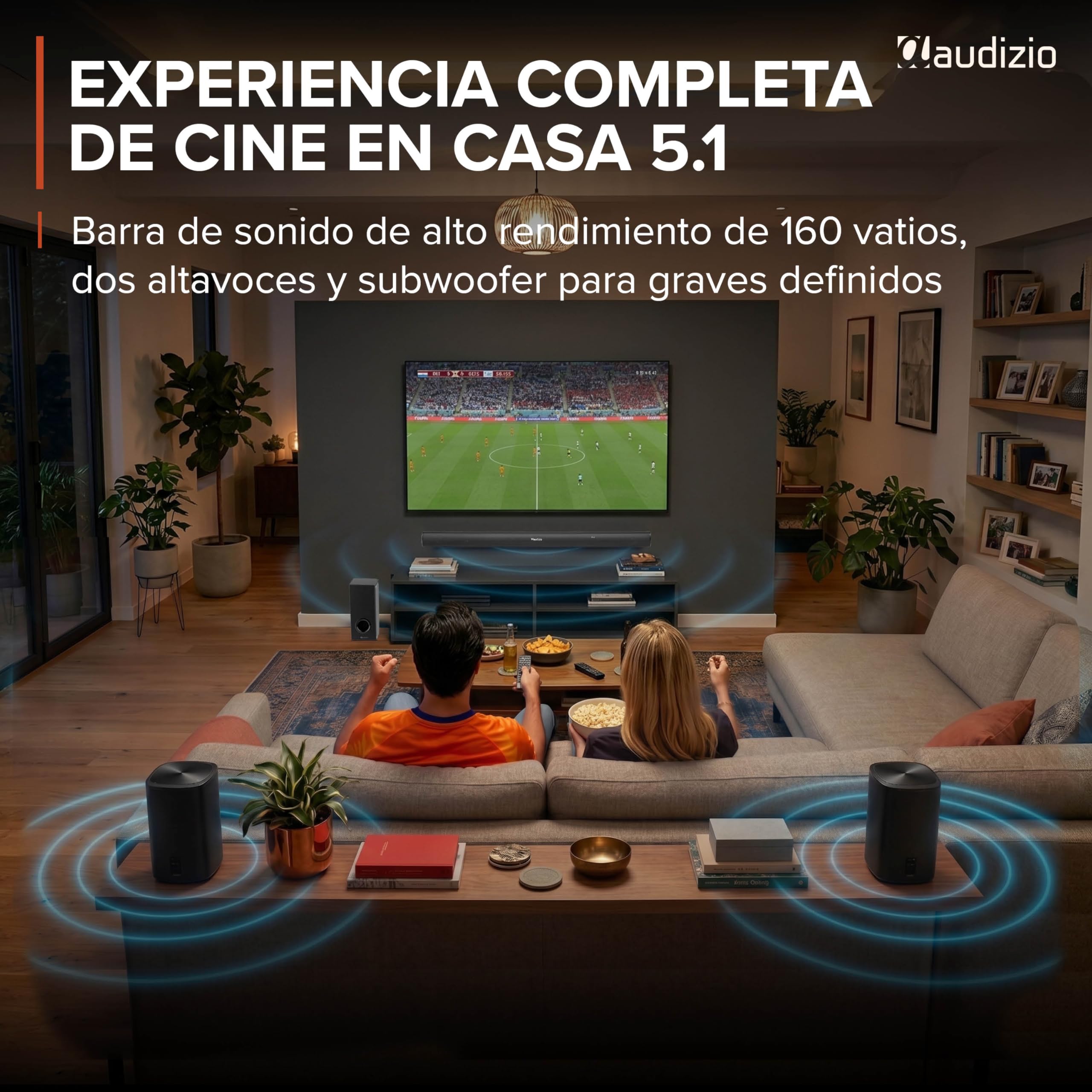 Audizio SB100 – Barra de Sonido 5.1 160W con subwoofer 6,5” y Altavoces Surround, HDMI ARC, Bluetooth 5.0, USB y óptica, soundbar para TV, Color Negro