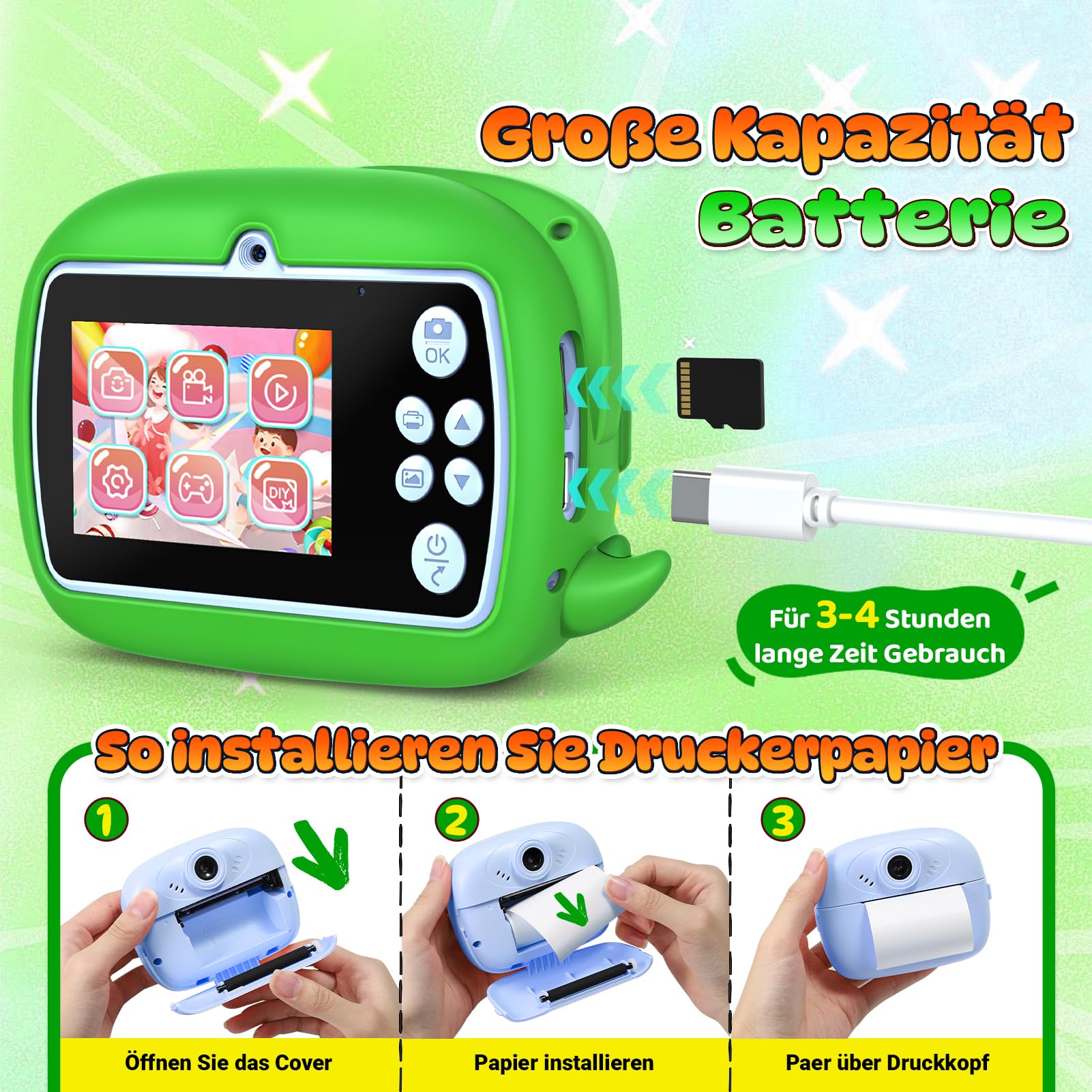 Wootoyz Kinderkamera Sofortbildkamera, Digitalkamera für Kinder Dinosaurier Spielzeug ab 3 4 5 6 7 8 Jahren Junge Geschenkideen Kinderkamera Junge 4 5 6 7 8 Jahre Spielzeug ab 3-12 Jahre