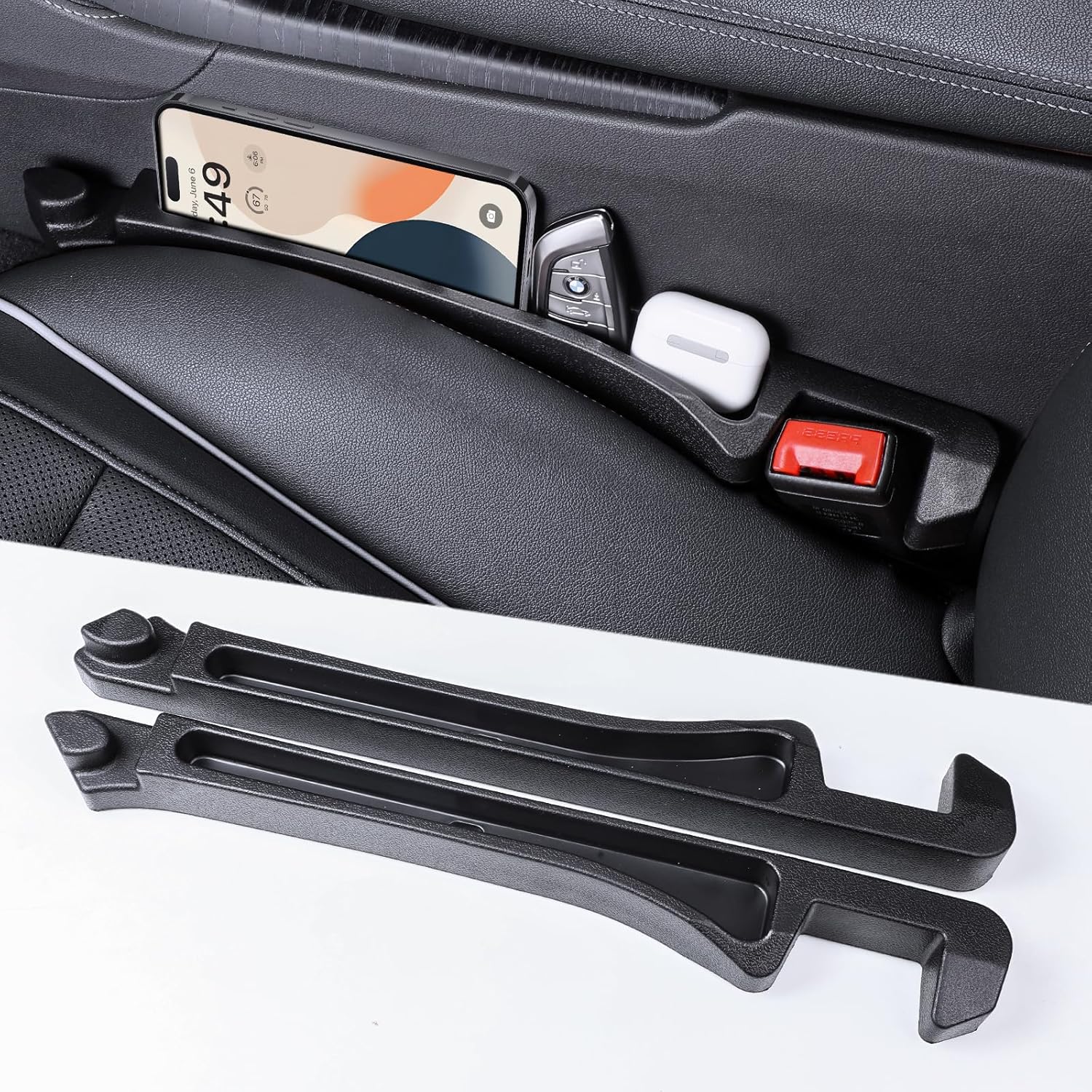 Car Seat Gap Filler Multifunctional Seat Side Gap Filler with Organizer and Hook Function, Universal SUV Truck Fill the Gap between Seat and Console to Prevent Items from Falling Set of 2 (Black)