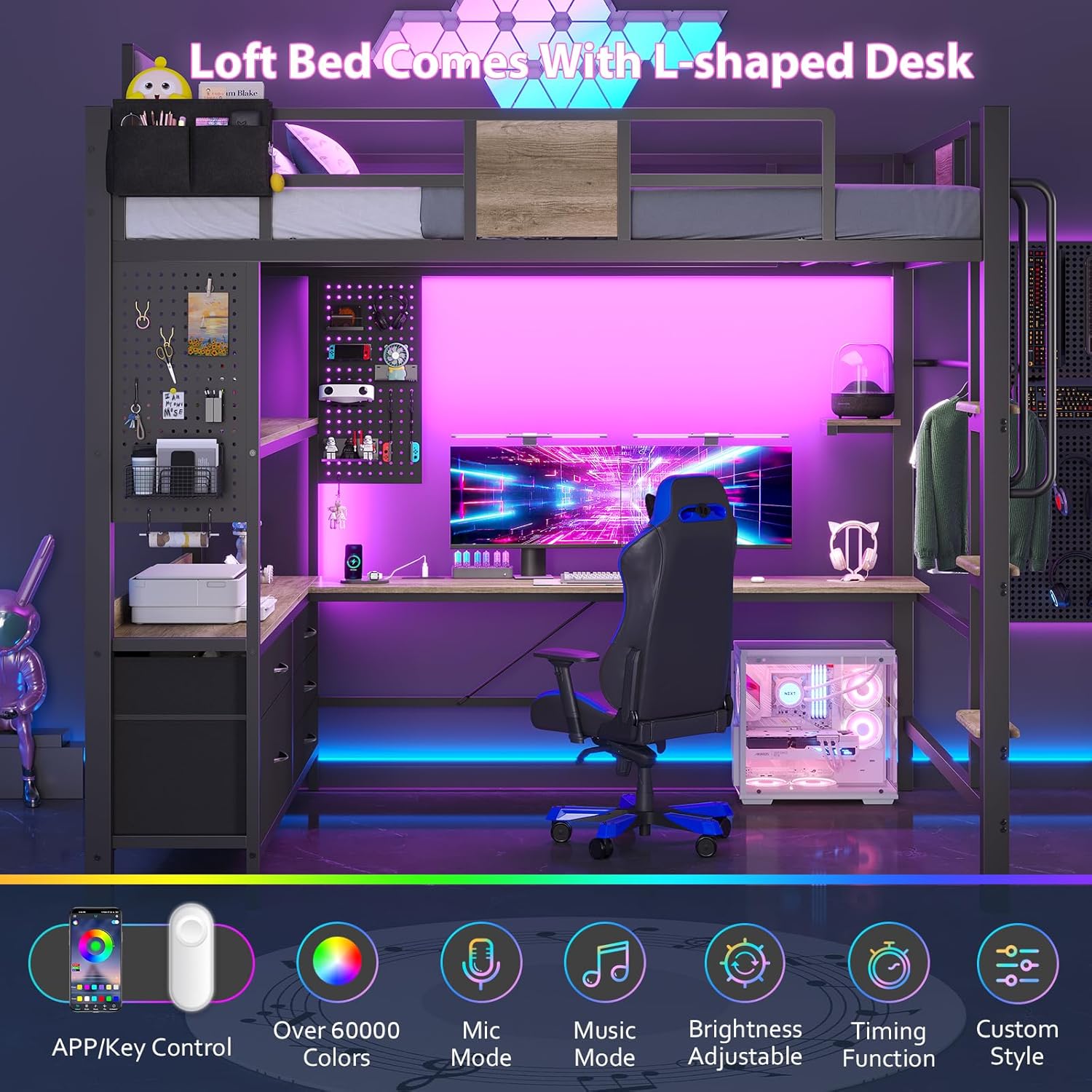 Full Loft Bed with Desk and 5 Storage Drawers, Loft Bed Full Size with 1 Bedside Organizer,Removable Ladder, LED Lights and Charging Station,Clothes Rail,Safety Guard,Oak Gray | Clothes Rail, Safety Guard, 1 Bedside Organizer