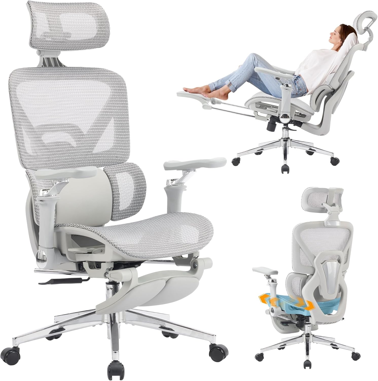 MOJAY High-Back Ergonomic Mesh Office Chair, Modern Executive Desk Chair with 6D Armrests Computer Task Chair (Grey Mesh 3-Zone Lumbar Support)