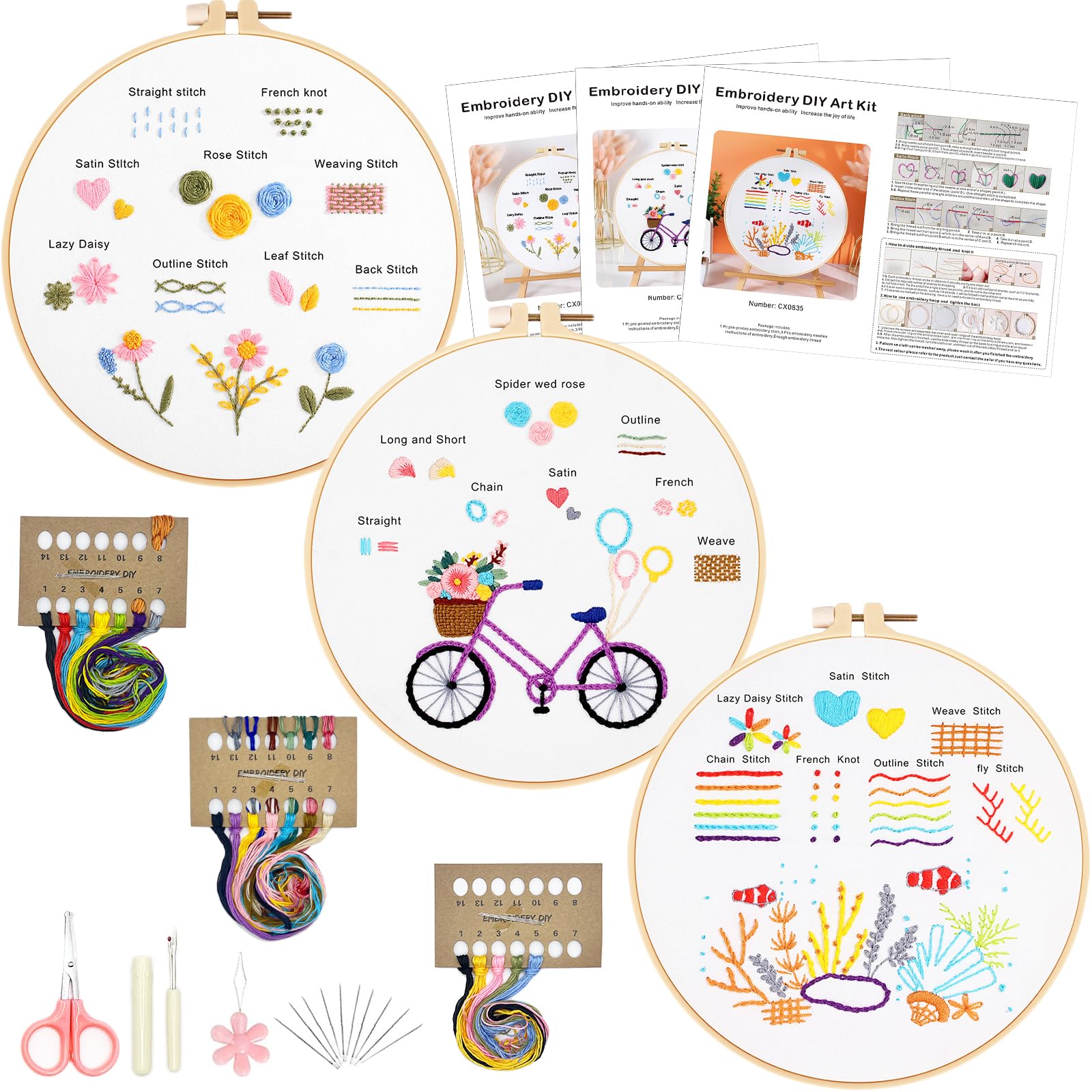 Embroidery Kit for Beginners,3 Set Embroidery Stitches Practice Kit with Embroidery Patterns,Hand Embroidery Kit for Kids,Easy for Hand Embroidery Starter Art Craft Lover