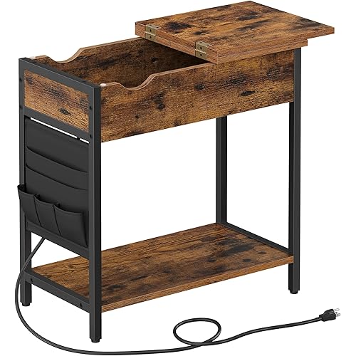 VASAGLE Side Table with Storage, End Table with USB Ports and Outlets, Nightstand with Charging Station, Fabric Bags, for Living Room, Bedroom, Rustic Brown and Black ULET310B01V1
