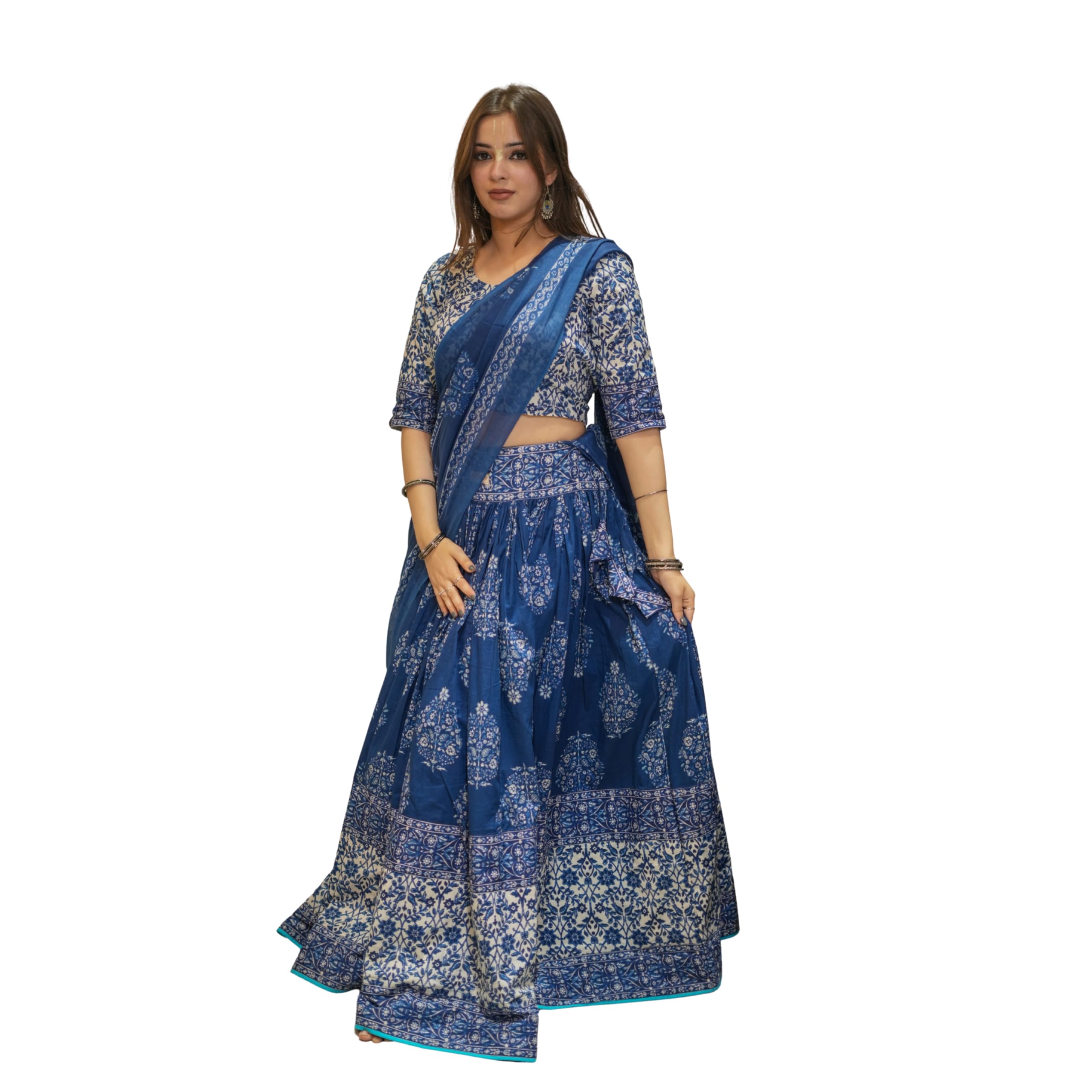 Women's Lehenga Choli Set, Dark Green Paisley Print, Cotton Blend, with Dupatta, Traditional Indian Ethnic Style-image-41