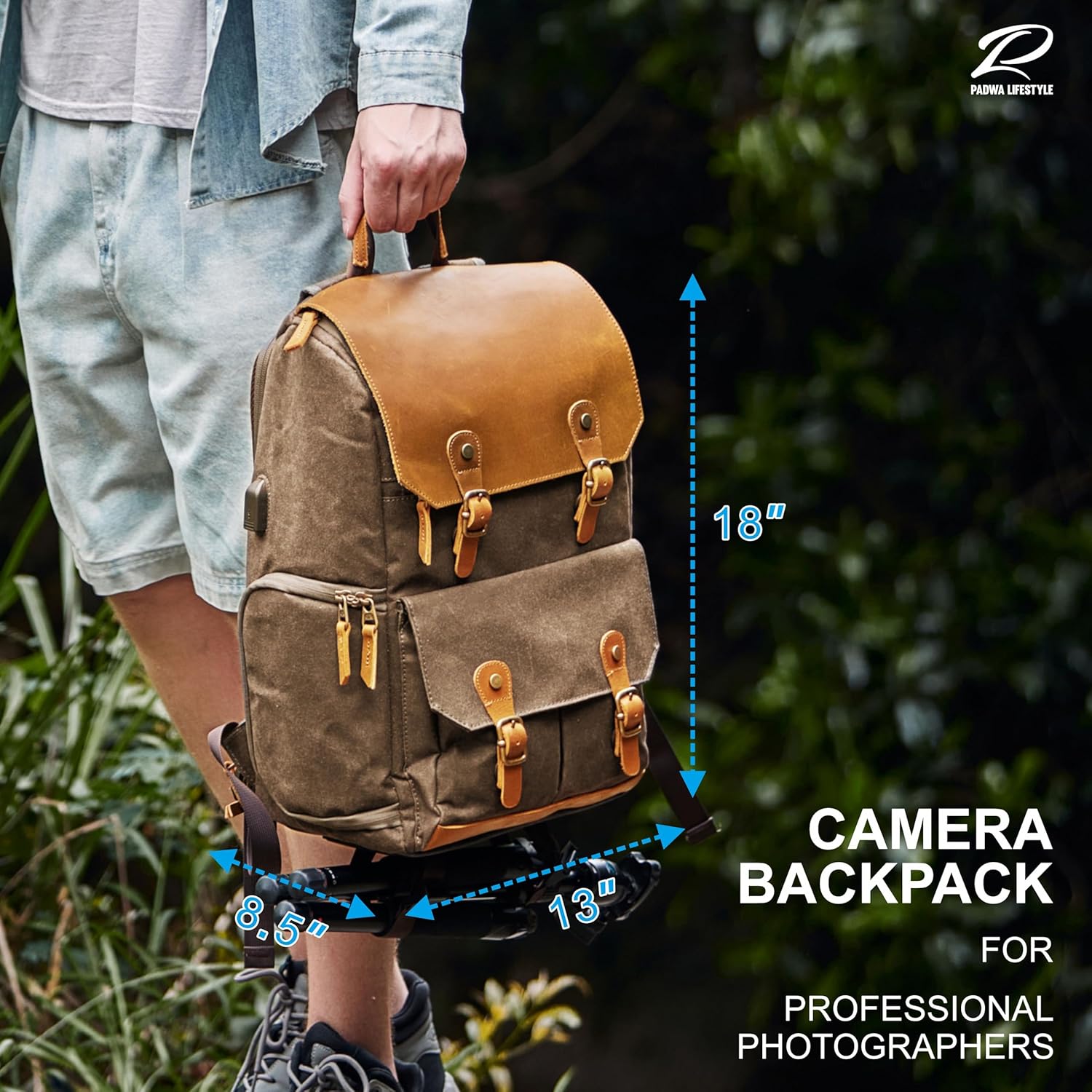 Padwa Lifestyle Khaki Camera Backpack - Waxed Memory Weather Resistant Canvas Camera Bag, Multi DSLR SLR Large Camera Backpacks for Photographers with 16” Laptop & Lens Compartment and Tripod Holder 7