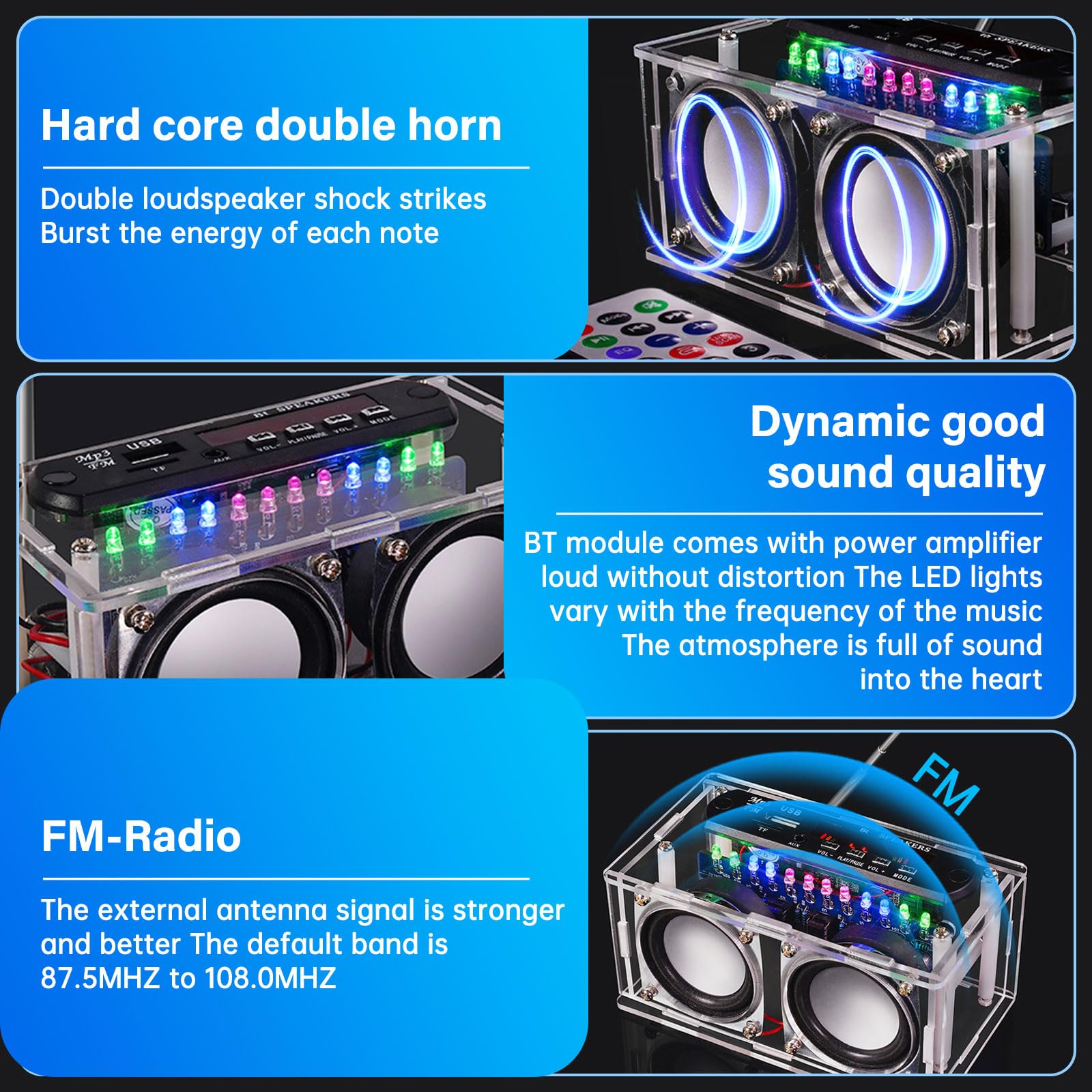 Heemol Kit de montage de haut-parleur, amplificateur Bluetooth et kit de soudure pour radio 87,5-108 MHz avec écran LCD, affichage du spectre et télécommande pour soudure électronique.
