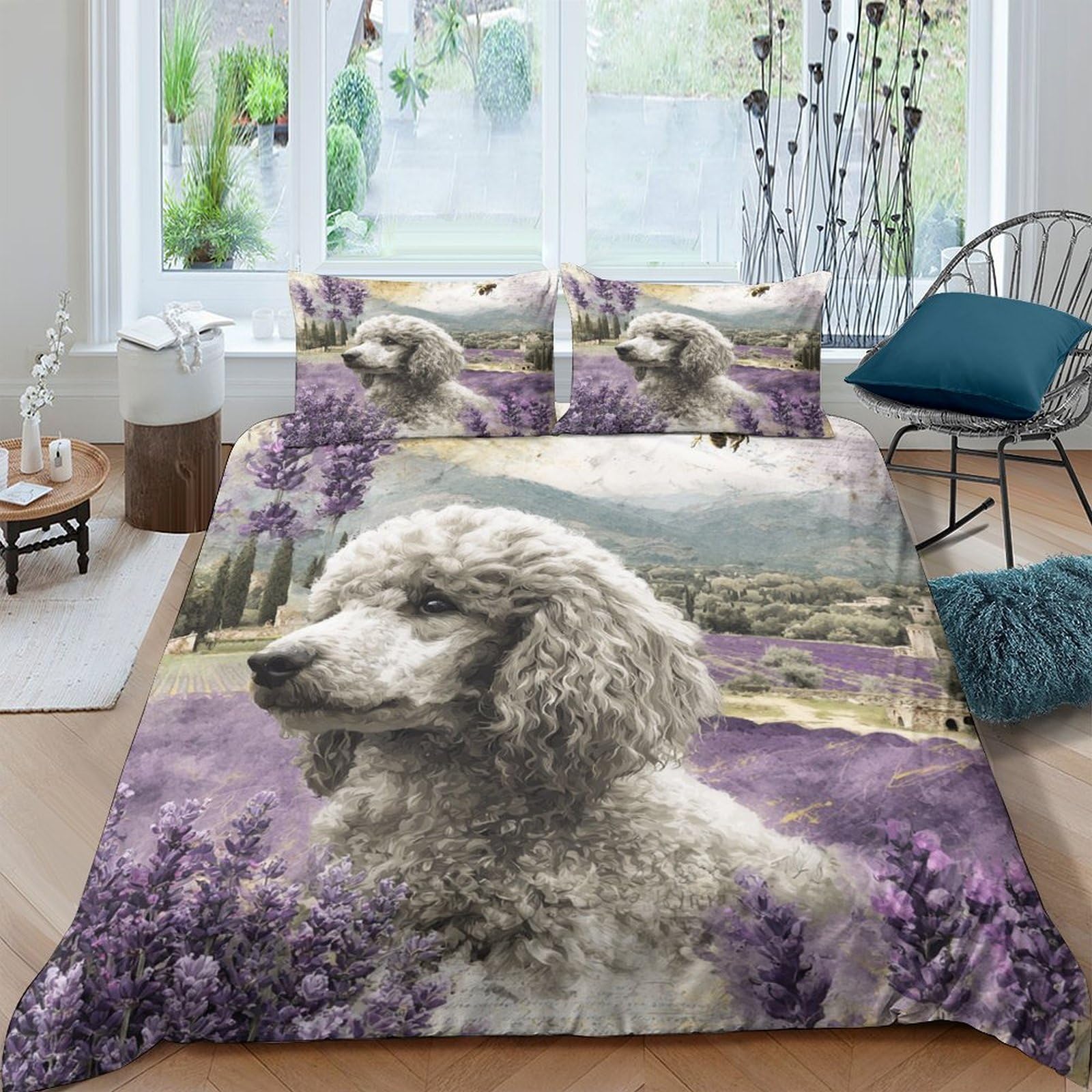 Ctjqhvkz Style-6 3D Printed Lavender Field Dog Fitted Sheet Microfiber Soft Non-Slip Bed Cover For Bedroom Guestroom Decor Single（135X200cm）