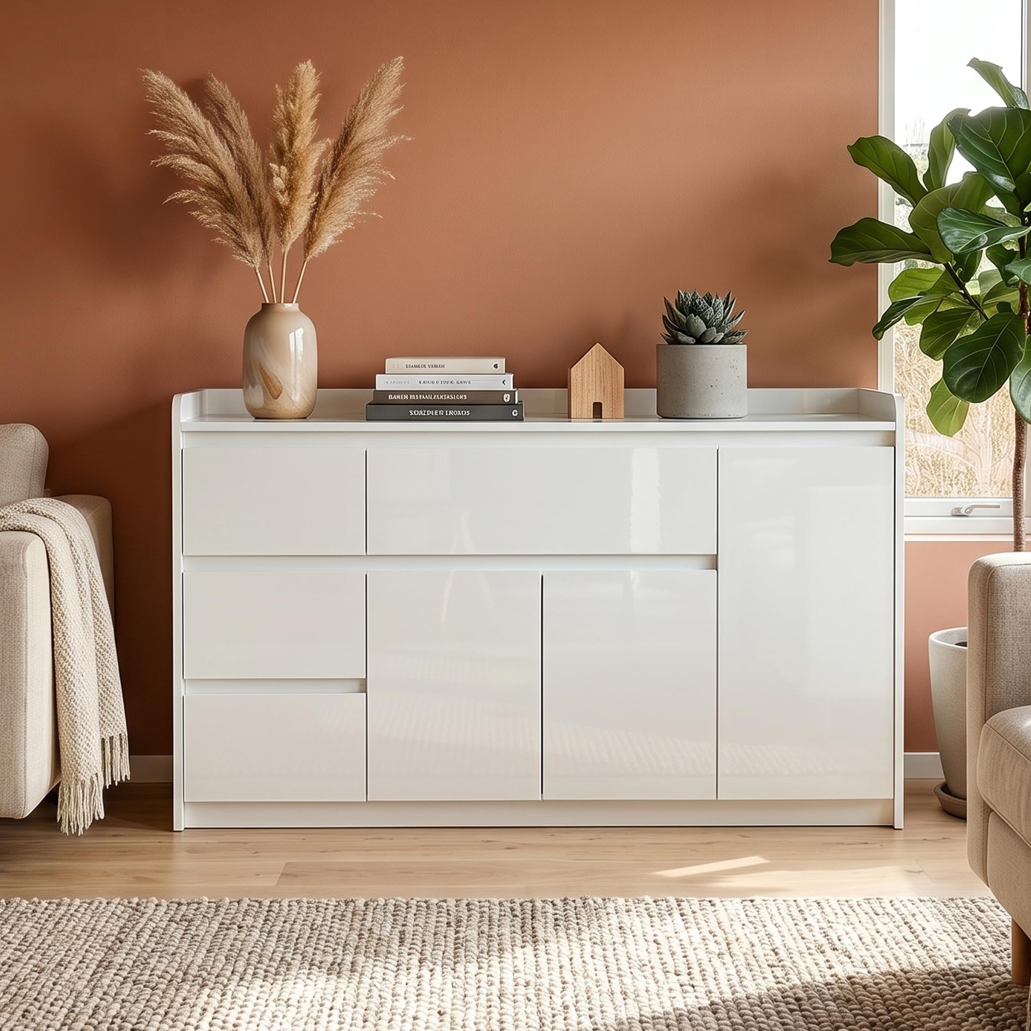 143cm White High Gloss Sideboard - Modern Kitchen Buffet with 4 Drawers
