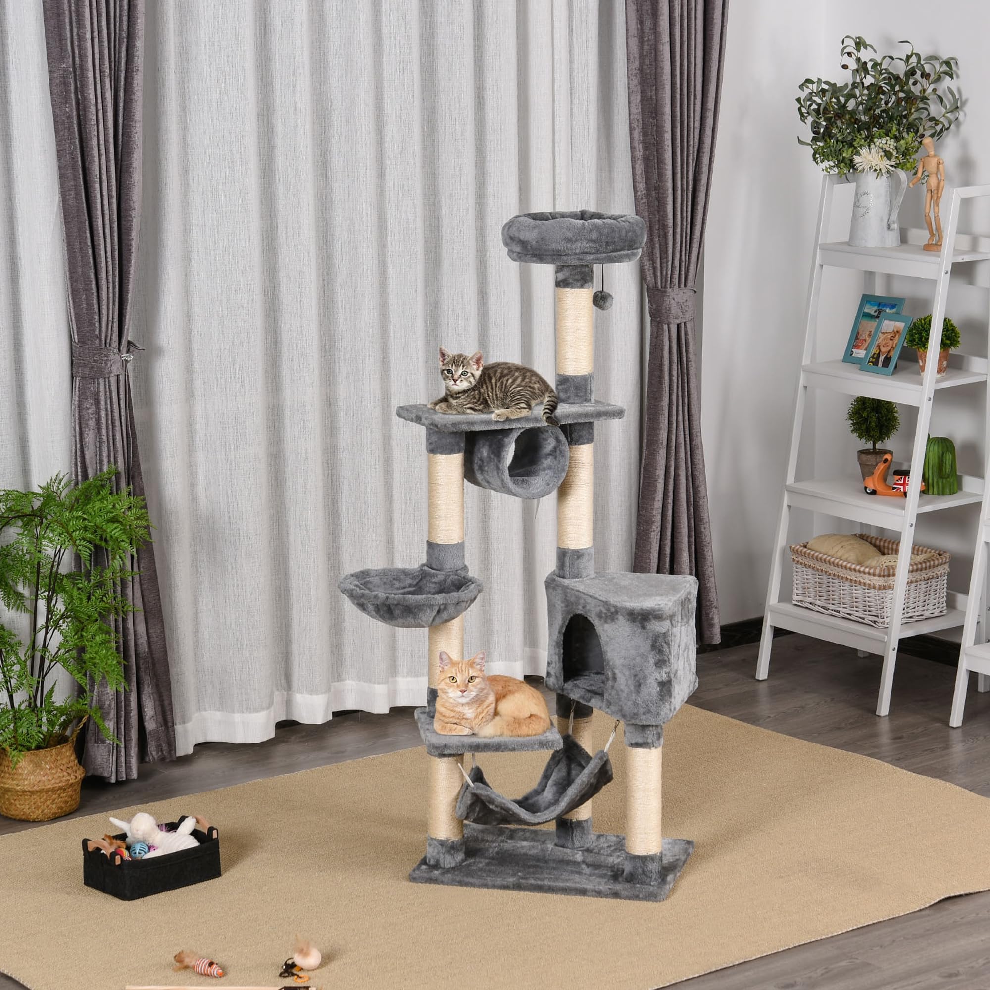 PawHut Tiragraffi a Colonna per Gatti con Cuccia Amaca 60x40x154cm Grigio | Lettini Sospesi, Pali in Corda Sisal