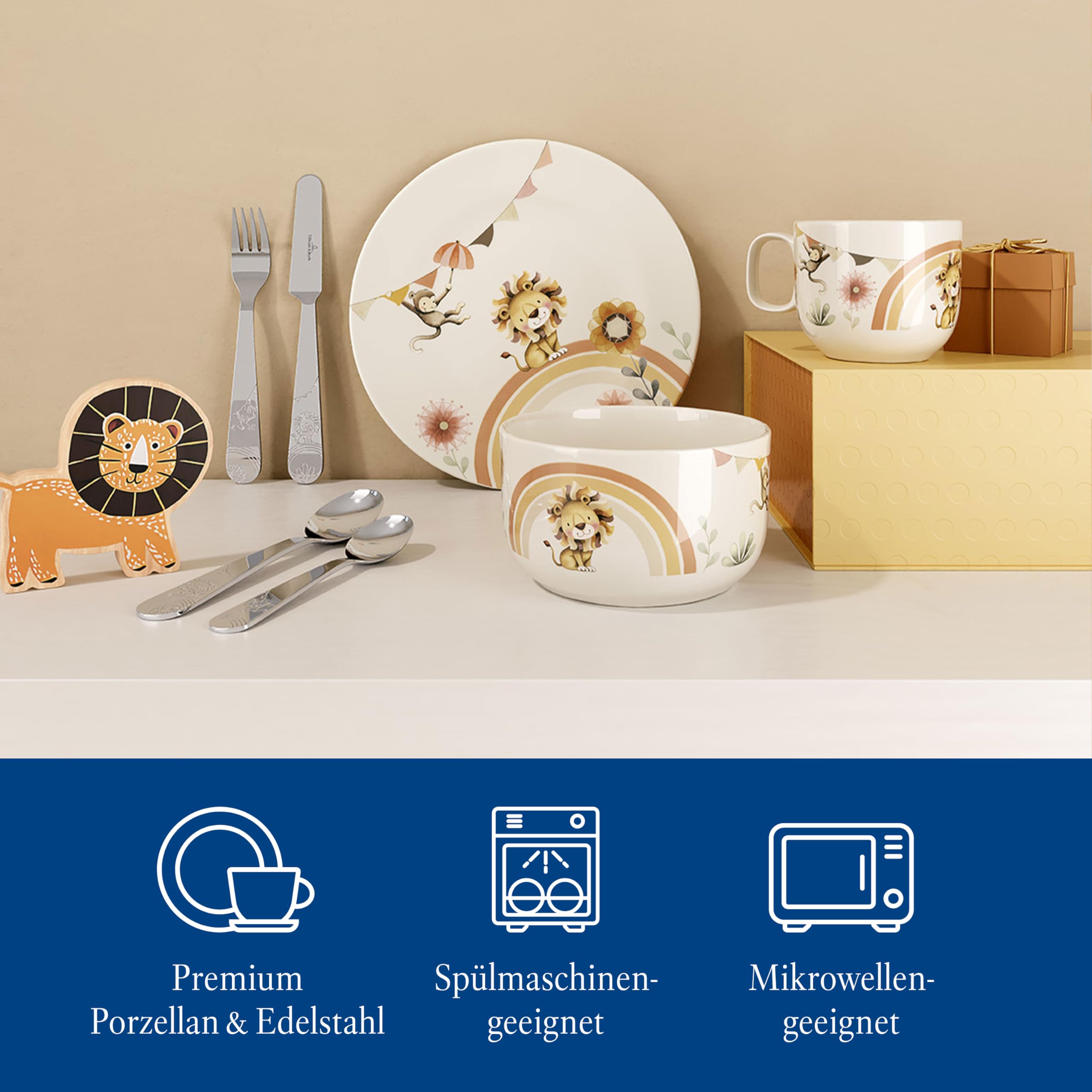 Villeroy & Boch – Boho Kids "Roar like a lion" Kindergeschirr-Set 7 teilig, Spülmaschinenfest, Mikrowellensicher, Geschirr Set Kinder mit Kinderbesteck, Tiermotiv Löwe und Affe, Premium Porzellan