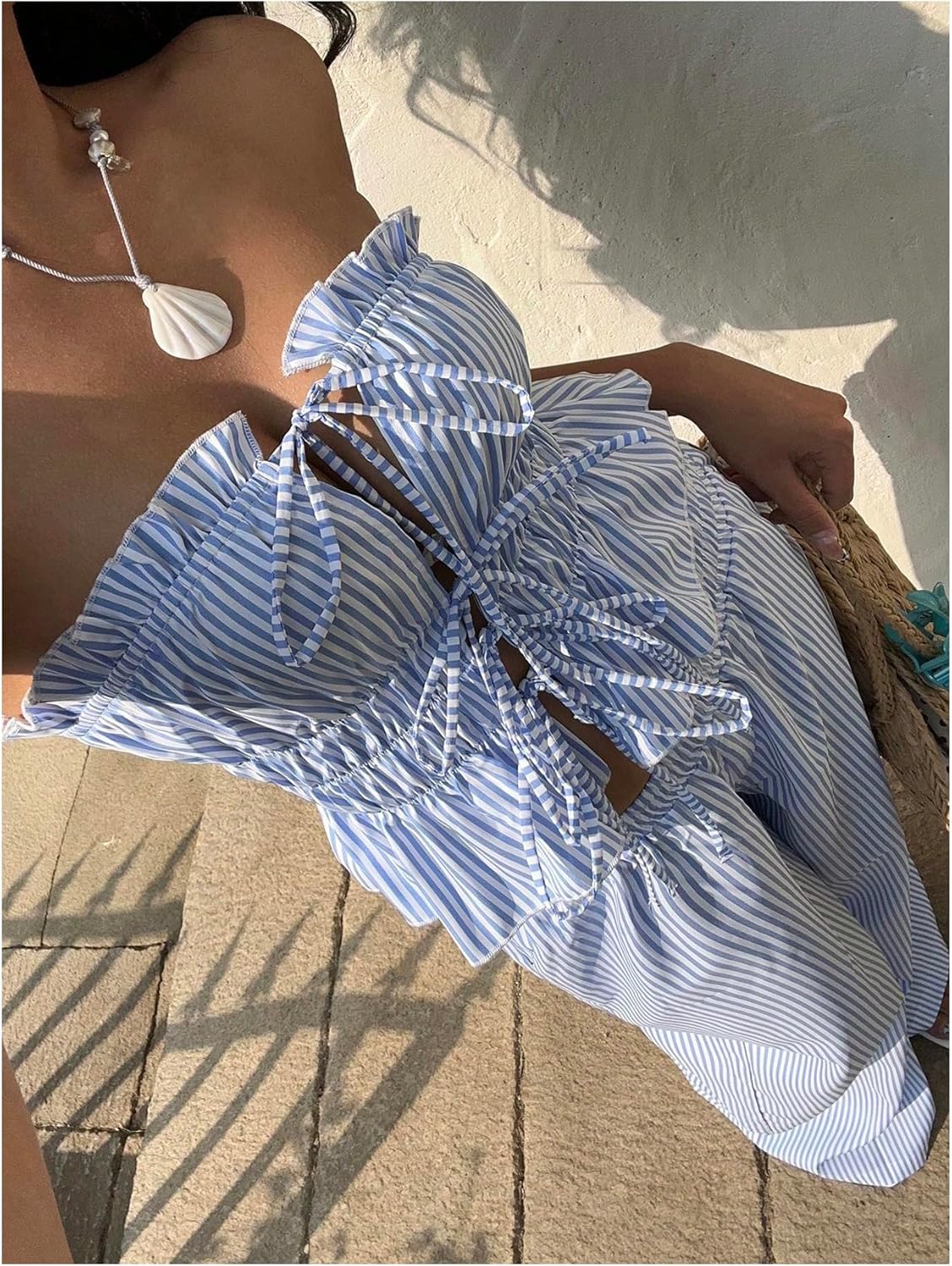 Floerns Women's 2 Piece Outfit Striped Tie Front Tube Top with Wide Leg Pants Set - Image 3