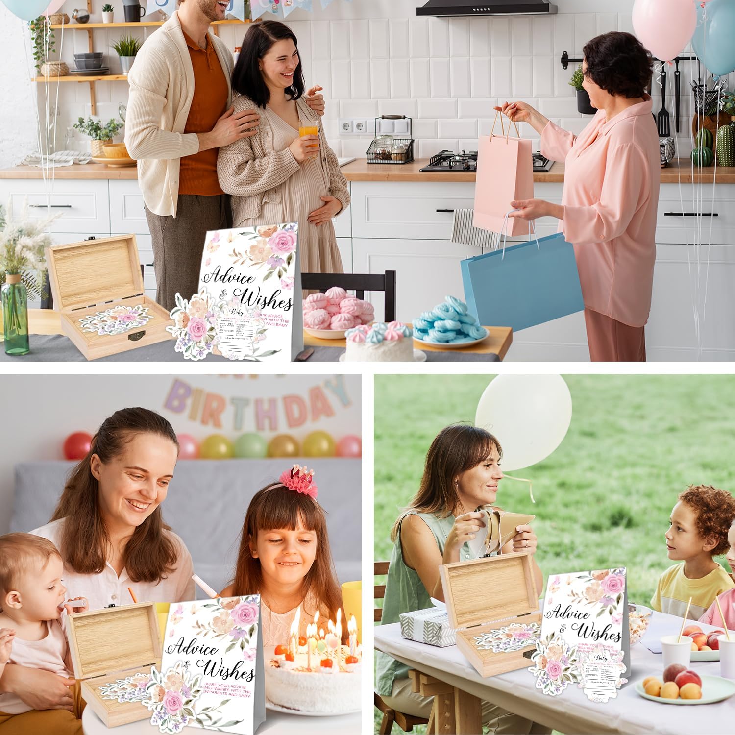 Rose Baby Shower Advice & Wishes Cards Set, Bloom Flowers Decoration for Babies,50 Pcs Double Sided Pink Rose Cards with Wooden Keepsake Box, Baby Shower Boy Girl Party Gift Boxes for New Parents