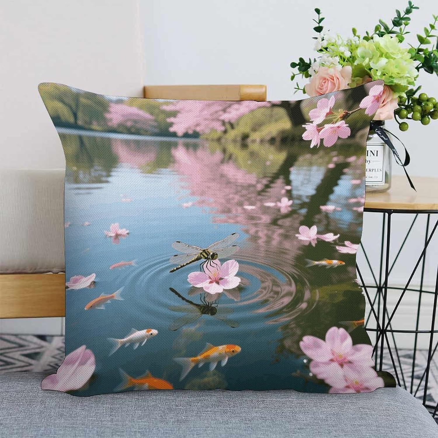 Japanese Cherry Blossom Flower Pillow Protectors Cute Waterproof Pillow Cover Soft Skin-Friendly Cushion Case Decorative Square Cushion Cover for Couch Sofa Bed Living Room Bedroom