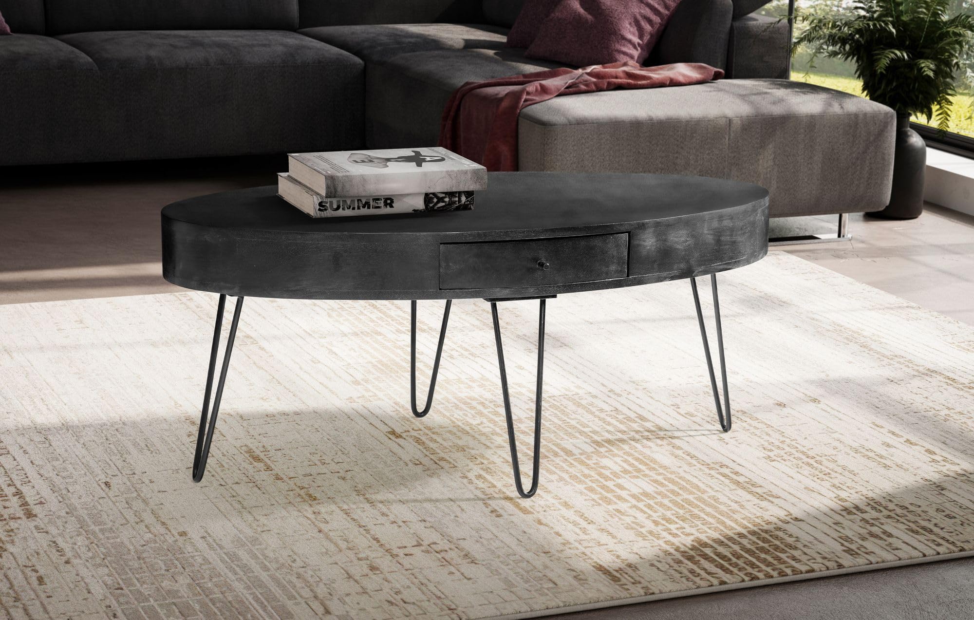 FineBuy Stolik Kawowy Owalny 100x50x40 cm Lite Drewno Mango Czarny | stolik do salonu z szufladą i hairpin nogach, stolik pod sofę z prawdziwego drewna, ręcznie wykonany unikat