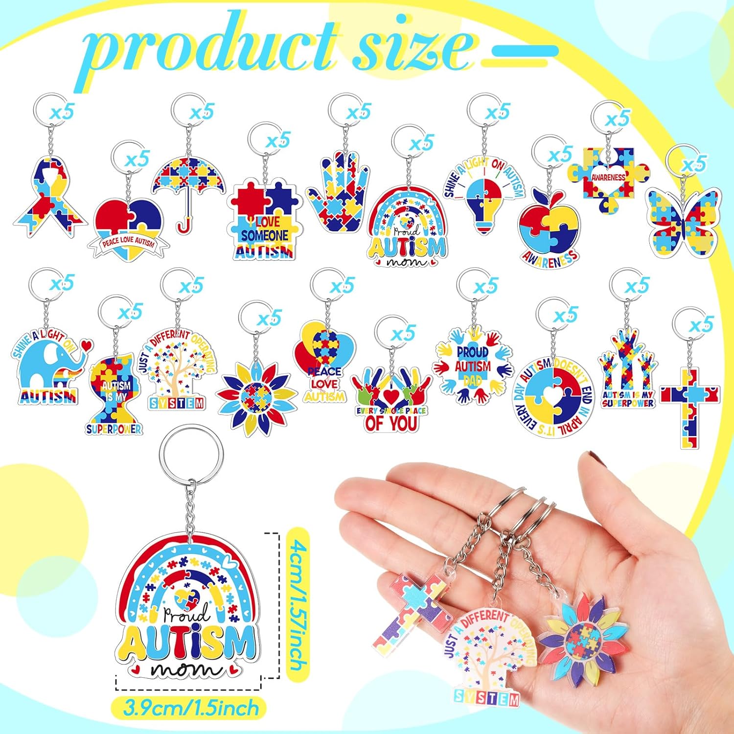 Henoyso 100 Pcs Acrylic Autism Awareness Keychains Bulk Autism Gifts Puzzle Piece Keychain for Party Favors Support Groups Fundraisers